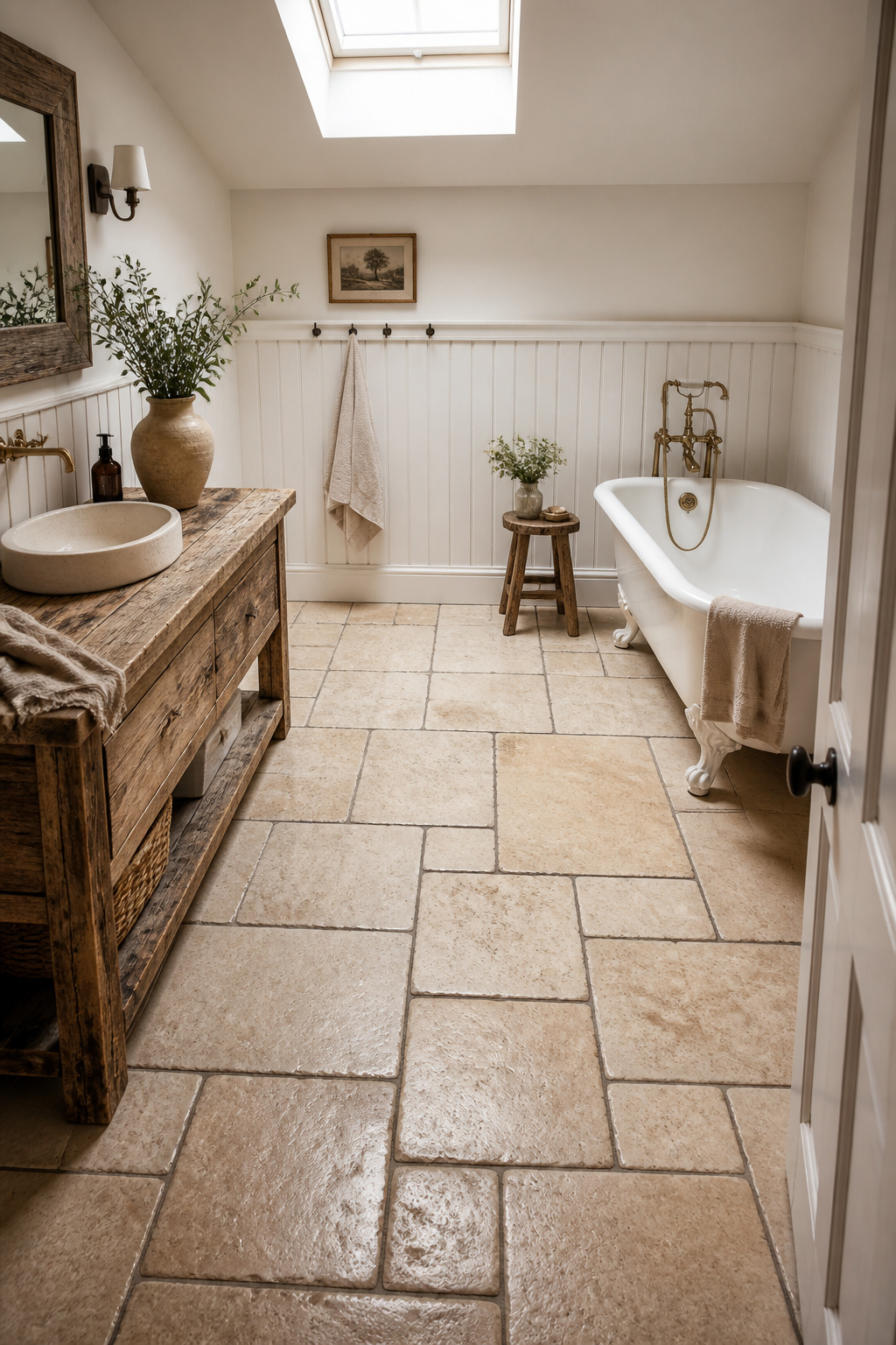 Tumbled travertine stone tile floor with dark charcoal grout — the slight surface texture provides natural grip while the honey-warm tones anchor the rustic material palette.