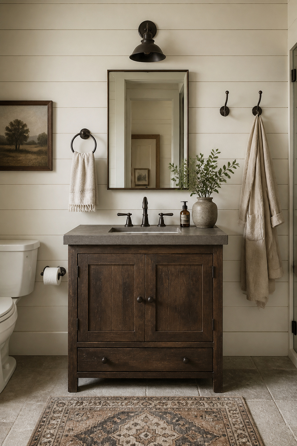 A complete oil-rubbed bronze fixture set eliminates the noise of mixed metals and creates visual unity across even a compact rustic bathroom vanity.