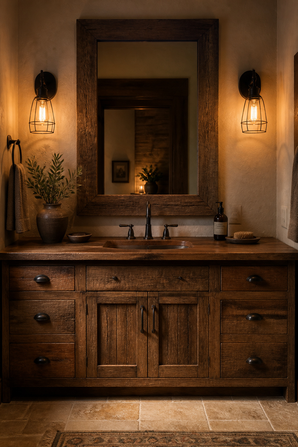Black iron cage sconces with warm 2200K Edison filament bulbs flanking a reclaimed wood mirror — the light temperature transforms every natural material in the room.