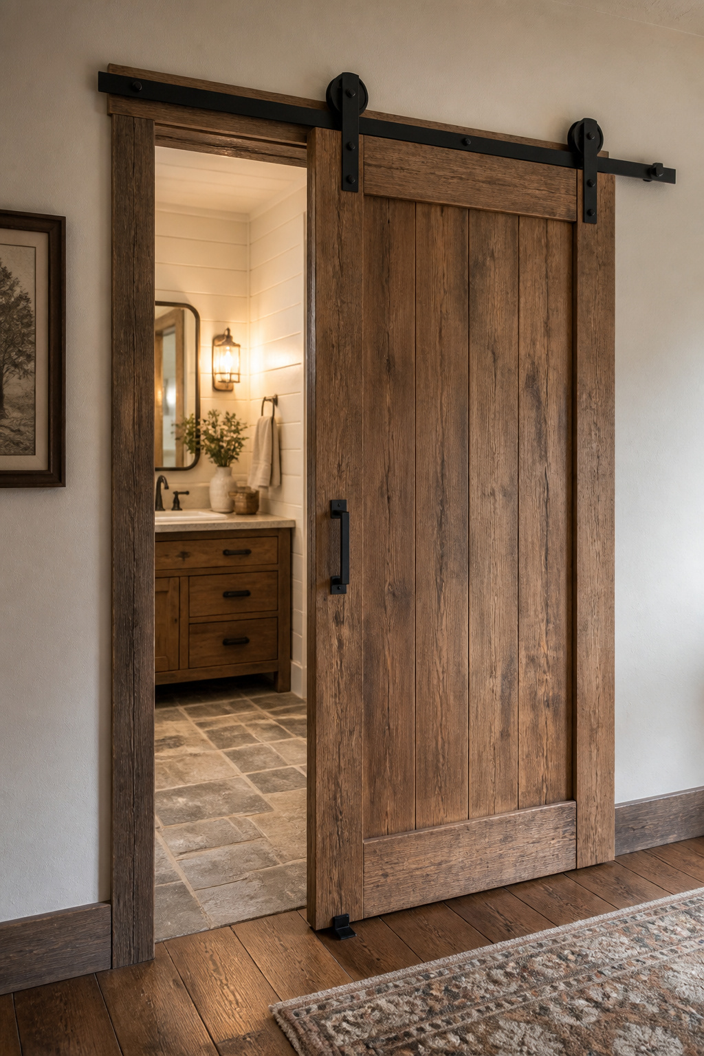 A weathered oak barn door on matte black industrial hardware reclaims floor space while making the entry as intentional as the bathroom itself.