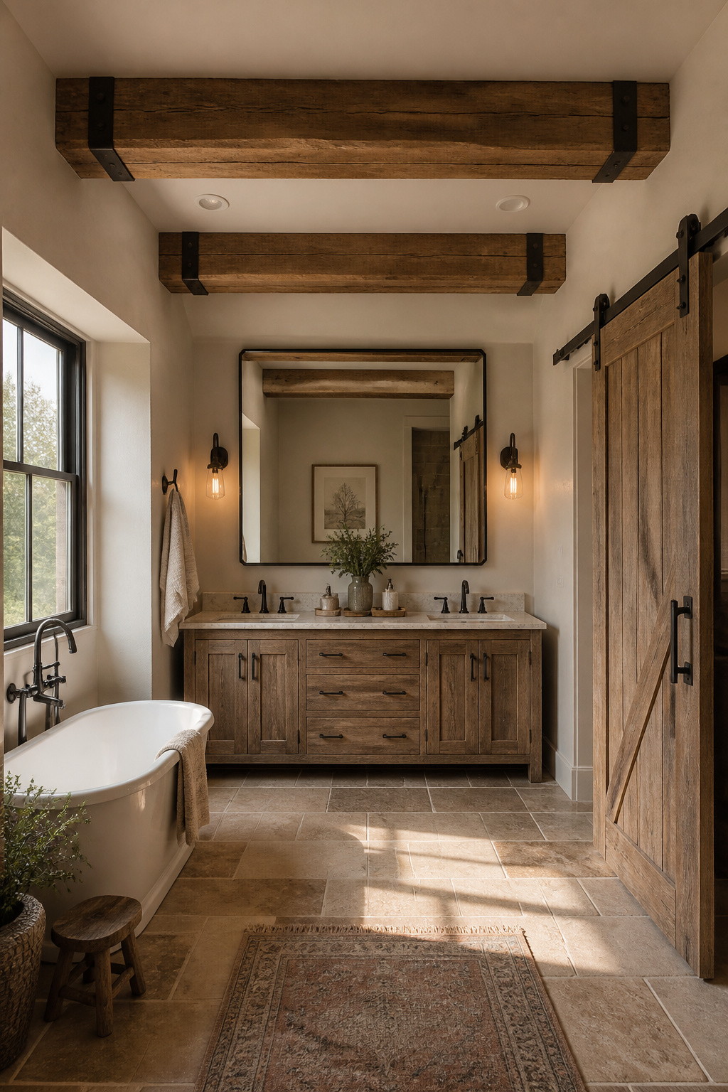 Exposed hand-hewn oak ceiling beams with iron strap accents anchor this rustic bathroom renovation — the overhead structure creates architectural depth that flat ceilings cannot replicate.