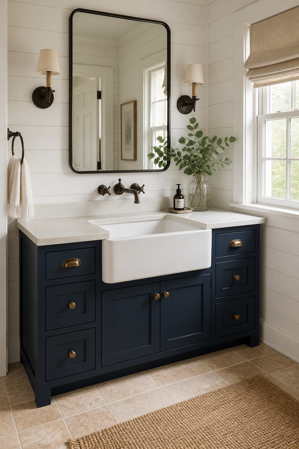 A 24-inch fireclay apron-front sink in a navy shaker vanity — the exposed apron transforms the vanity from a bathroom fixture into a piece of furniture.