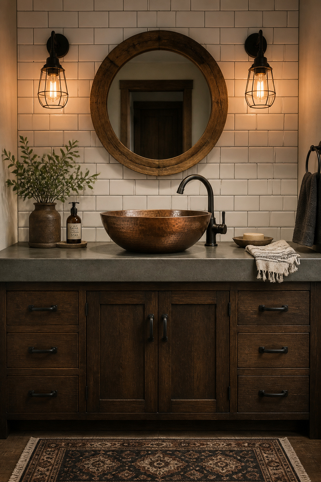 A hammered copper vessel sink with natural patina — the two-tone development from daily use is the finish improving itself, enriching every material surrounding it.