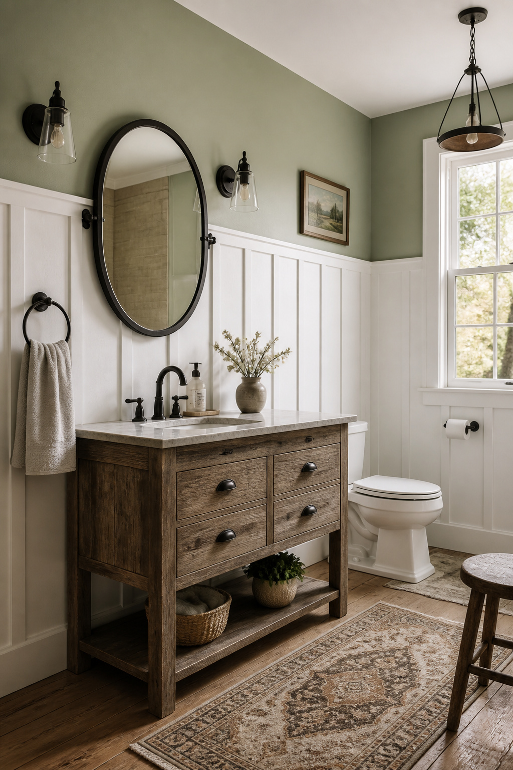 White board-and-batten wainscoting at 52 inches adds architectural structure to a rustic bathroom without competing with the natural wood and stone materials above.