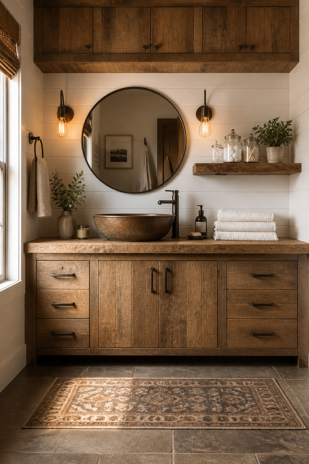 A reclaimed white oak vanity with a hammered copper vessel sink and oil-rubbed bronze faucet — warm, tactile materials that develop more character every year.