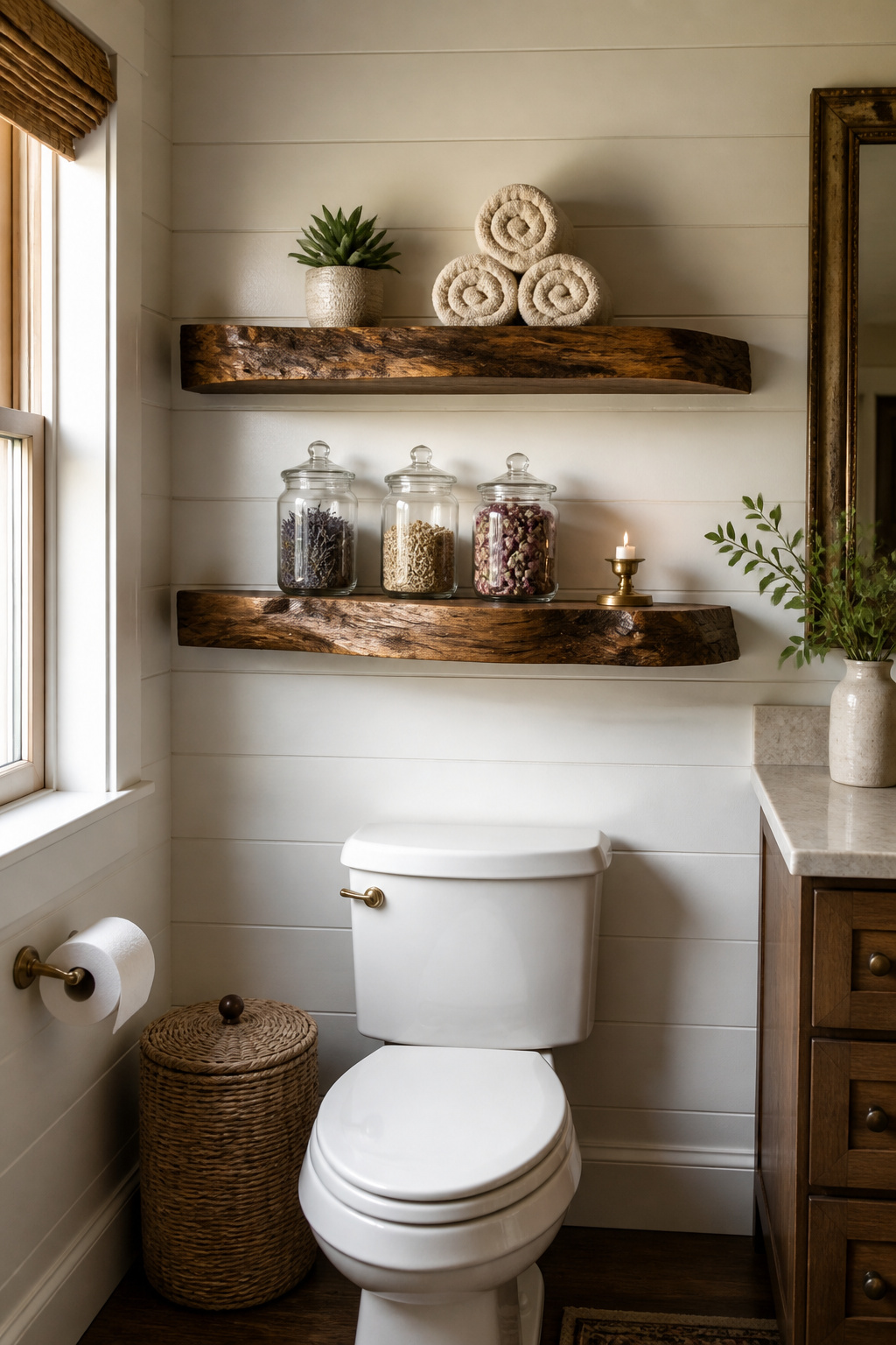 Live-edge walnut floating shelves on white shiplap — the natural contoured edges make functional storage feel like a material statement.
