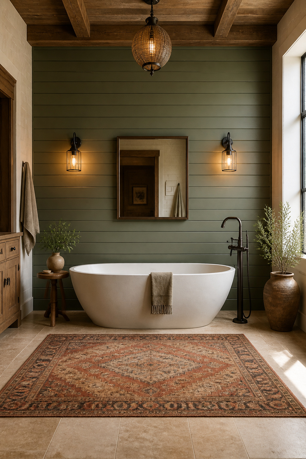 Sage green shiplap behind a freestanding soaking tub — the horizontal plank lines widen the space while the color deepens the room's rustic warmth.