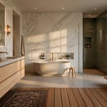 A beautifully layered modern bathroom combining floor-to-ceiling Calacatta marble, a white oak floating vanity, unlacquered brass fixtures, and teak slat flooring — materials that speak to each other across the room in a language that doesn't date.