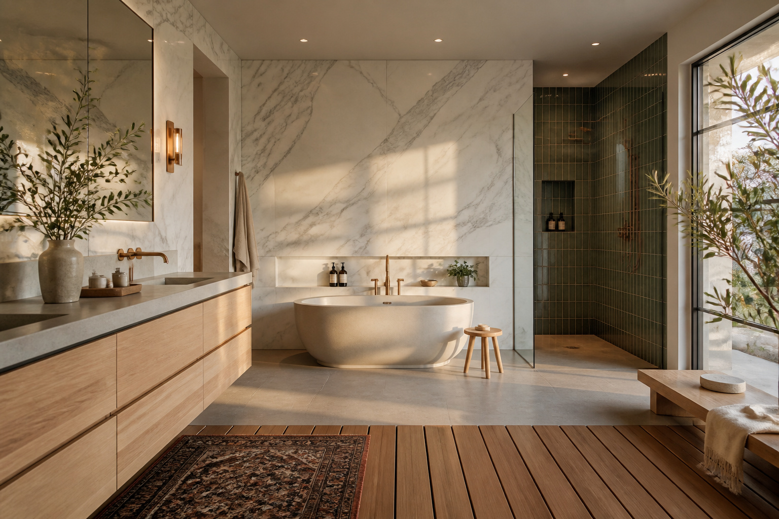 A beautifully layered modern bathroom combining floor-to-ceiling Calacatta marble, a white oak floating vanity, unlacquered brass fixtures, and teak slat flooring — materials that speak to each other across the room in a language that doesn't date.