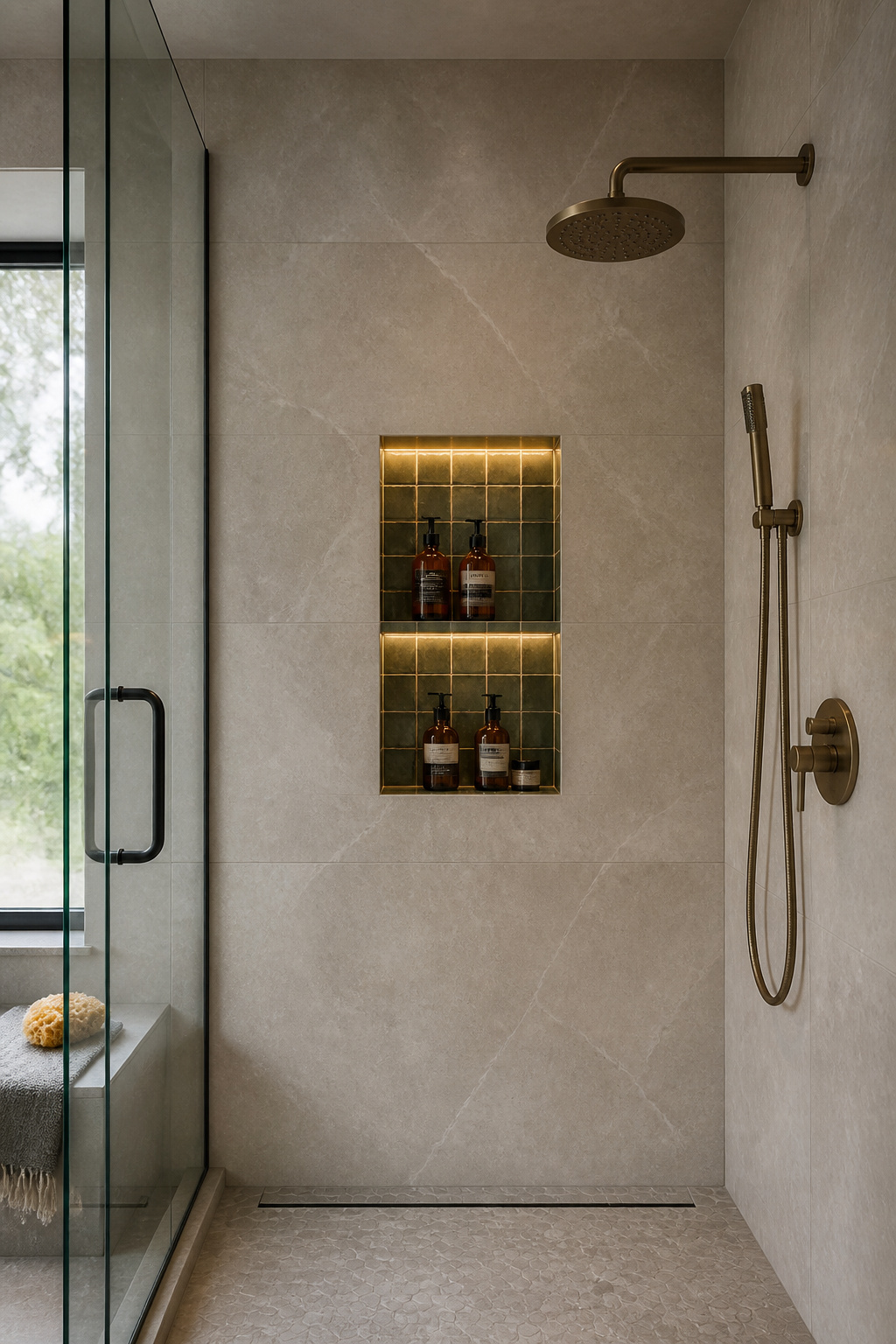 A 12x24 inch recessed niche tiled in deep sage zellige, backlit with a recessed LED strip — the handmade tile variation catches the warm light differently across every individual tile, making the niche glow rather than simply illuminate.