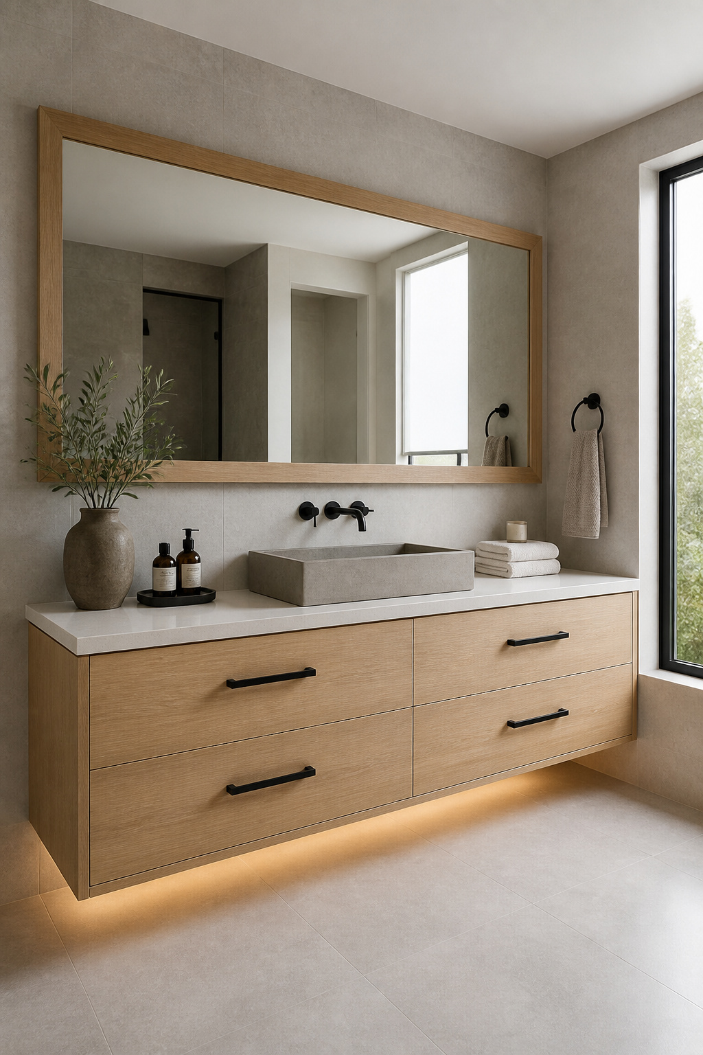 A white oak floating vanity with tight straight grain, matte black bar pulls, and an intentional 7-inch gap at floor level — the detail that separates considered design from simply not quite reaching the floor.
