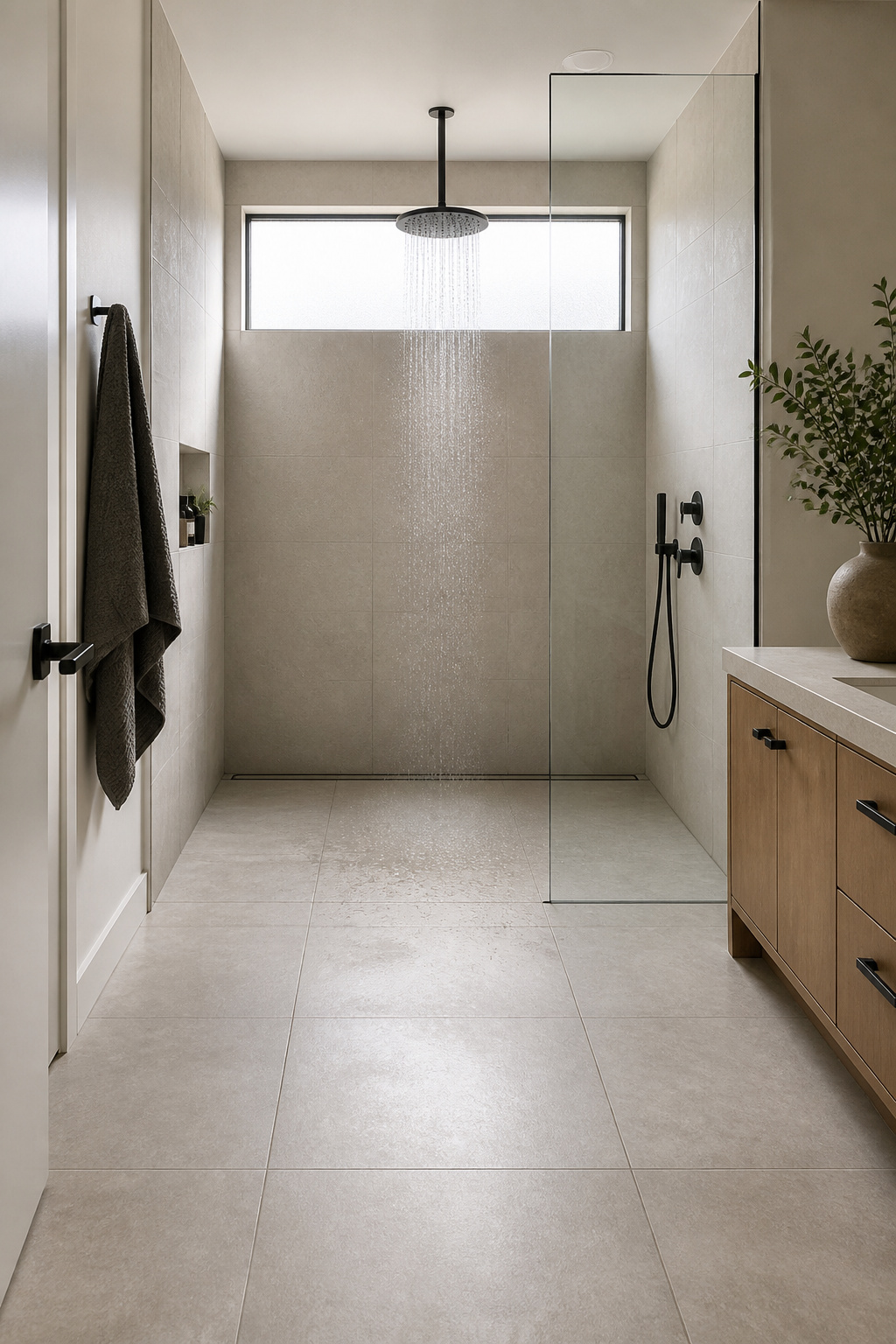 A curbless wet room with continuous large-format porcelain tile and a flush linear drain running along the far wall — the curbless format reads as architectural openness rather than simply the absence of an enclosure.
