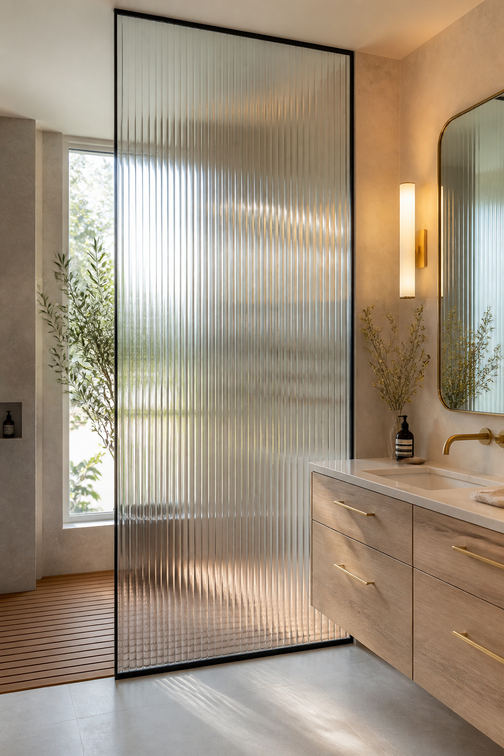 Fluted glass in a matte black steel frame creates a luminous partition that passes all available light while distorting the view — the ridges catch morning sun to produce a subtle prismatic quality across the glass surface.