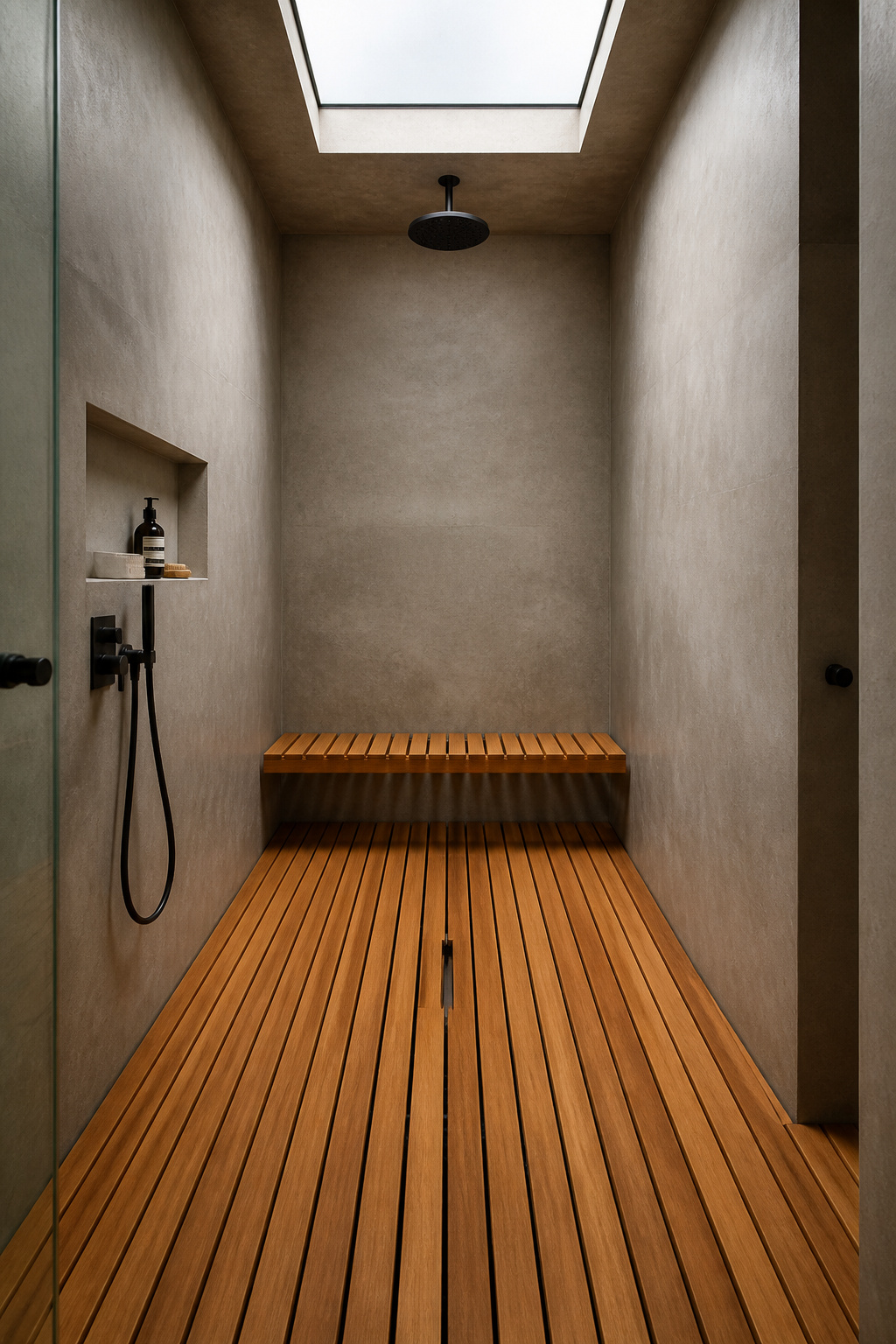 Teak slat flooring and a teak slat bench in a concrete wet room — the warm amber grain floating on stainless steel rails above the grey concrete substrate creates the most resolved version of the modern bathroom material palette.