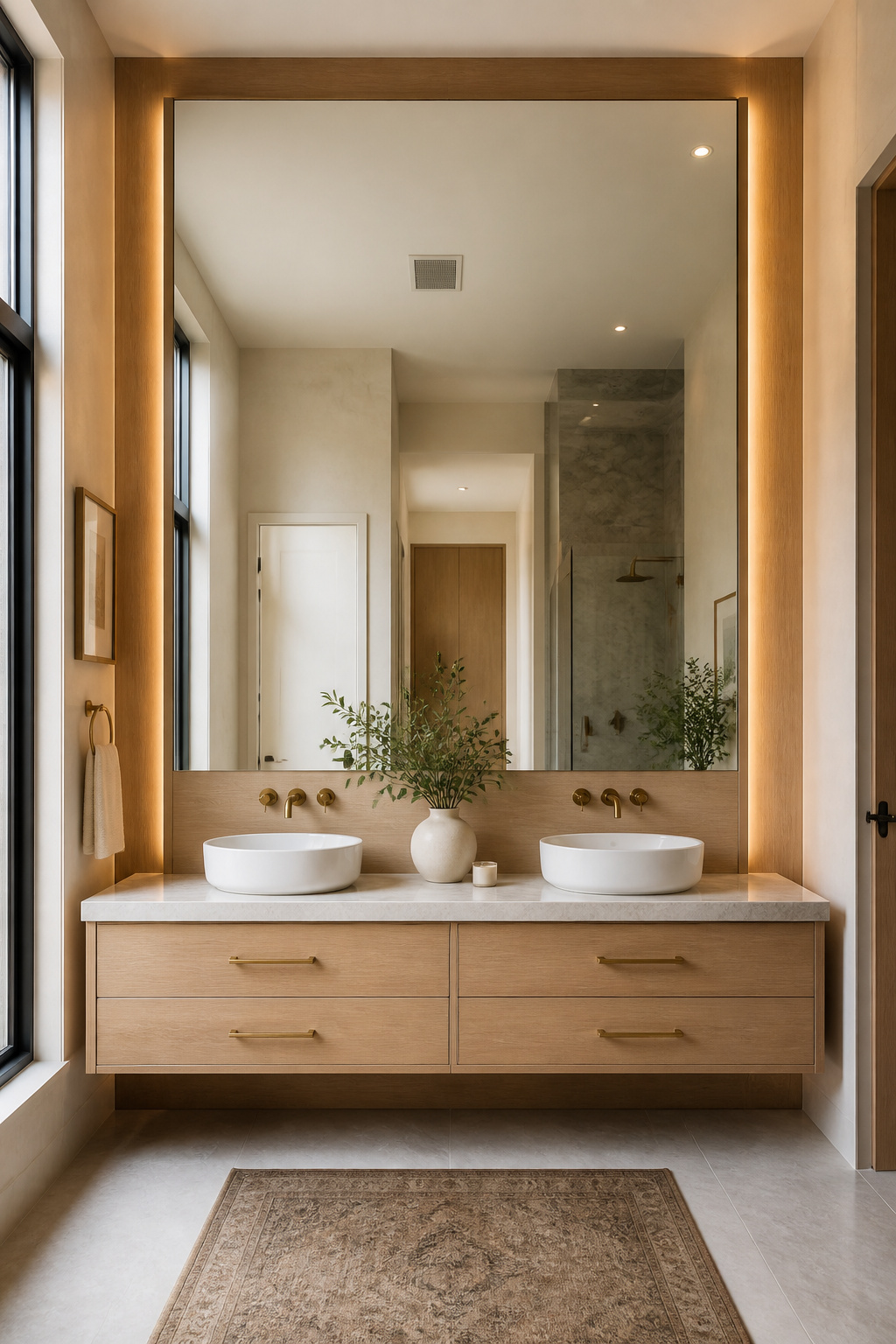 A white oak-framed mirror running from counter height to near-ceiling level across the full vanity width — the reflection doubles the room's perceived width, while the oak frame creates a furniture-scale object out of what is otherwise a utility surface.