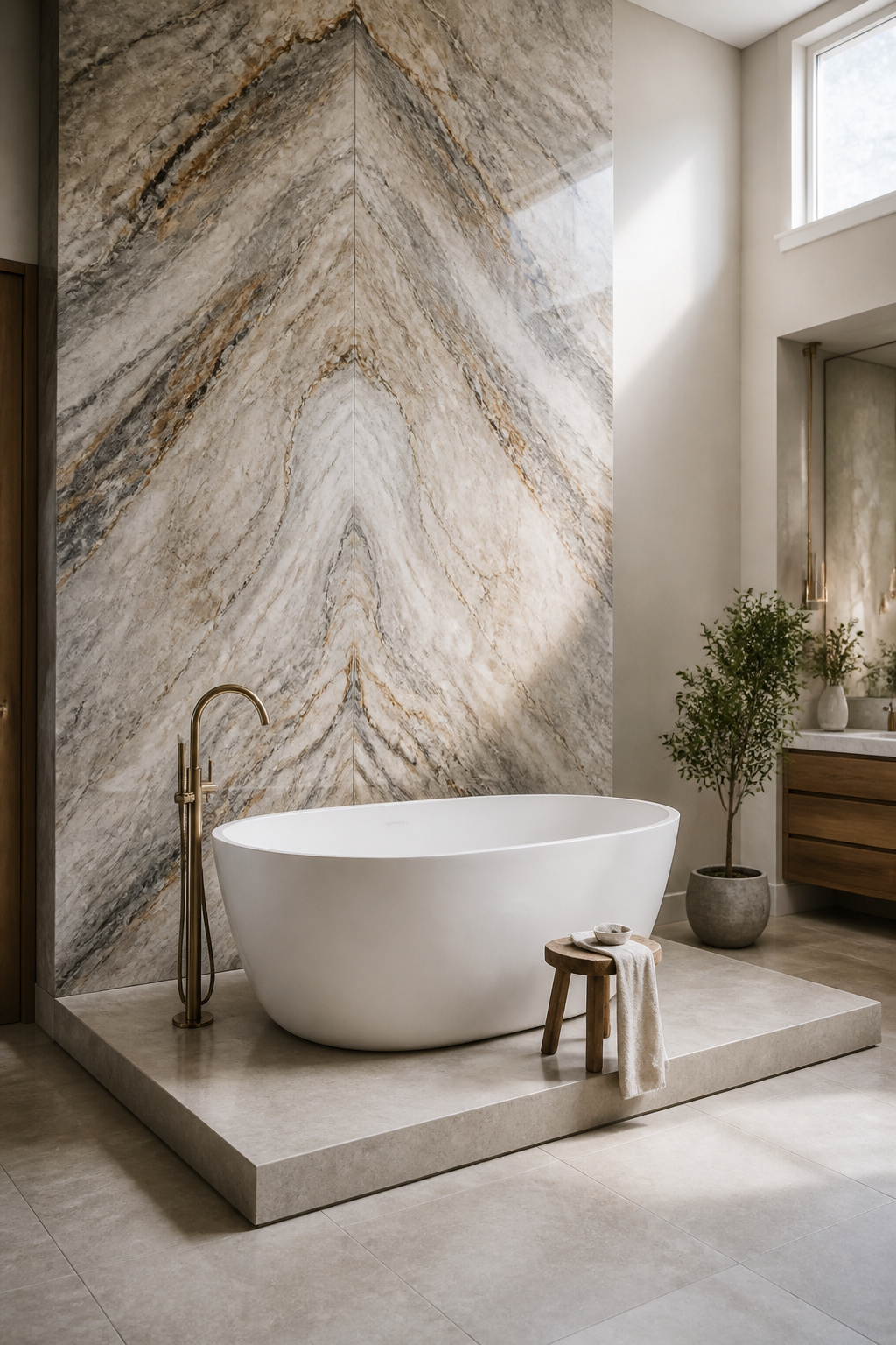 A stone composite freestanding tub raised on a 5-inch polished concrete platform in front of a book-matched quartzite wall — the platform repositions the tub from plumbing fixture to architectural object.