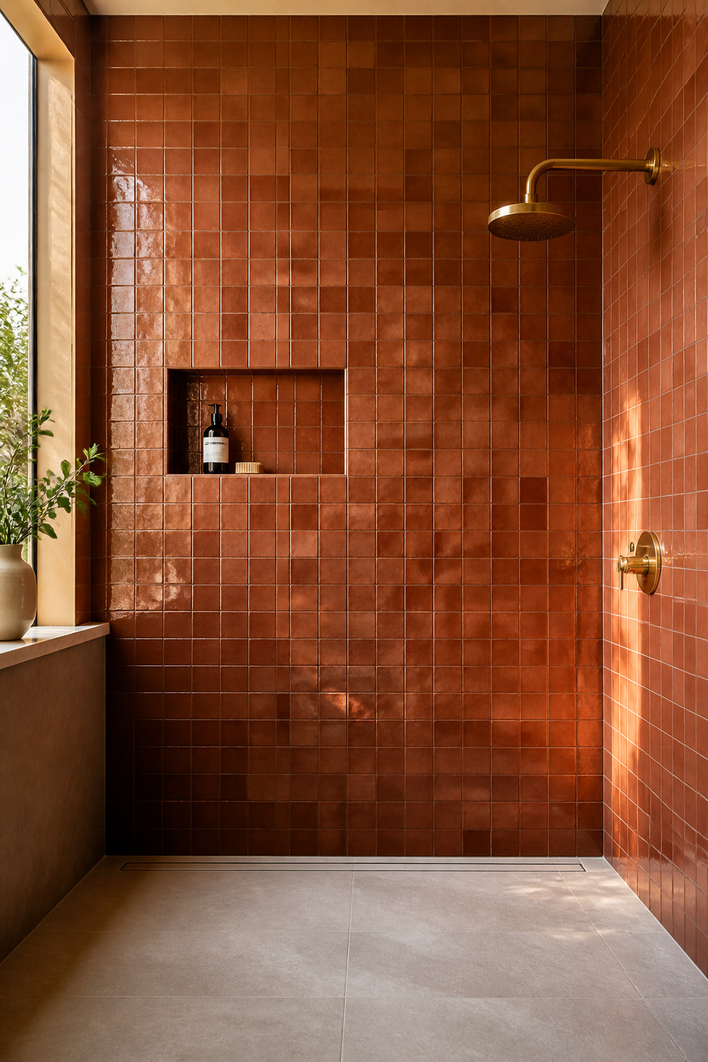 Handmade terracotta zellige covering a full shower wall — the slight size variation between tiles and the hand-applied glaze variation create a surface that shifts tonally in different light, unlike any factory-made tile.