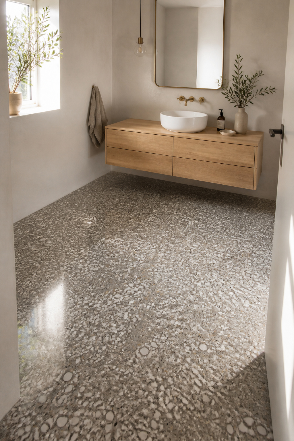 Terrazzo in a mid-grey binder with white marble chips and glass aggregate — the glass fragments catch directional light and give the floor a surface depth that no manufactured flooring material replicates.
