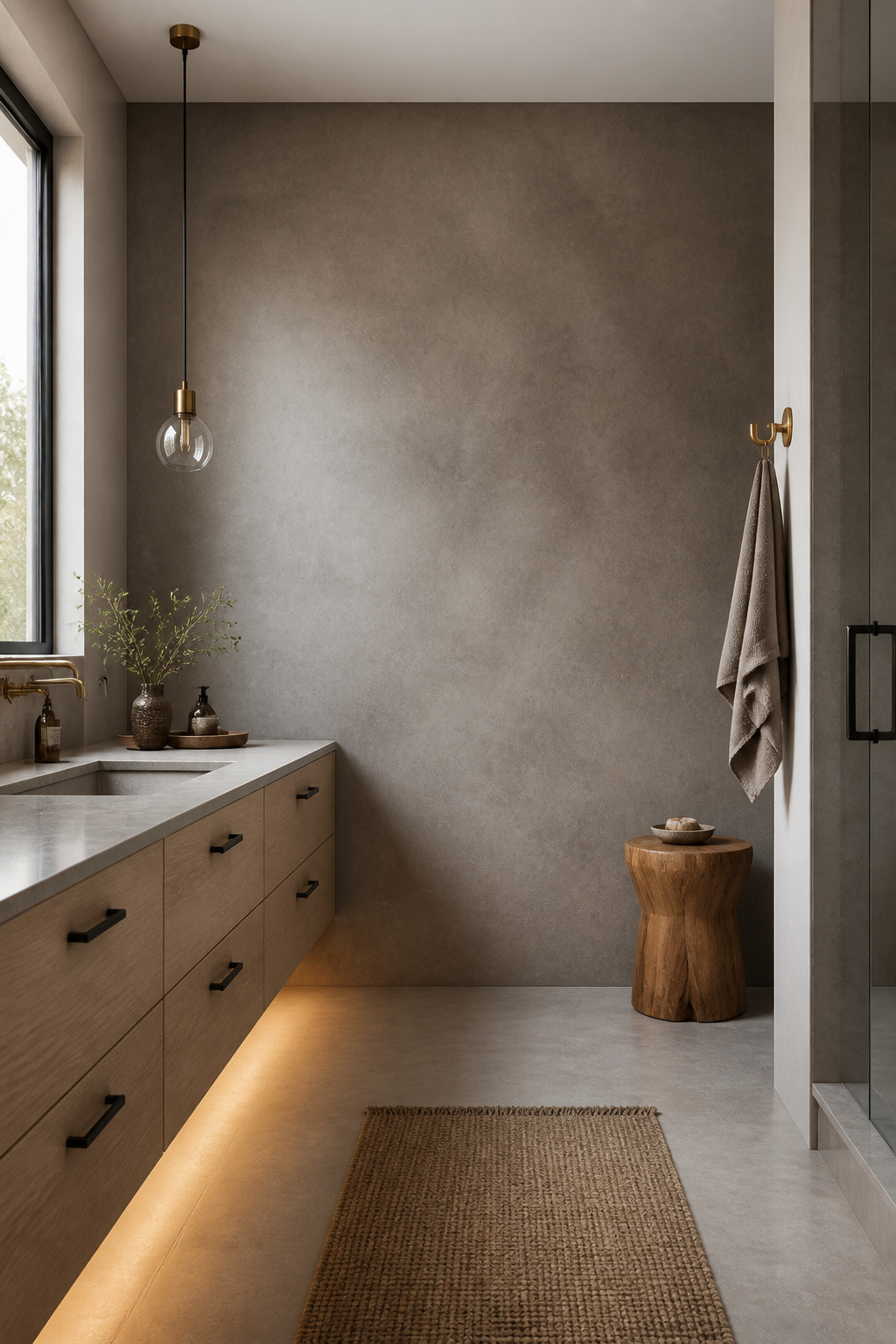 Honed microcement in a warm mid-grey reads entirely differently from polished concrete — it absorbs light, amplifies warmth from radiant heating, and pairs with white oak and teak to create a bathroom that feels grounded rather than industrial.