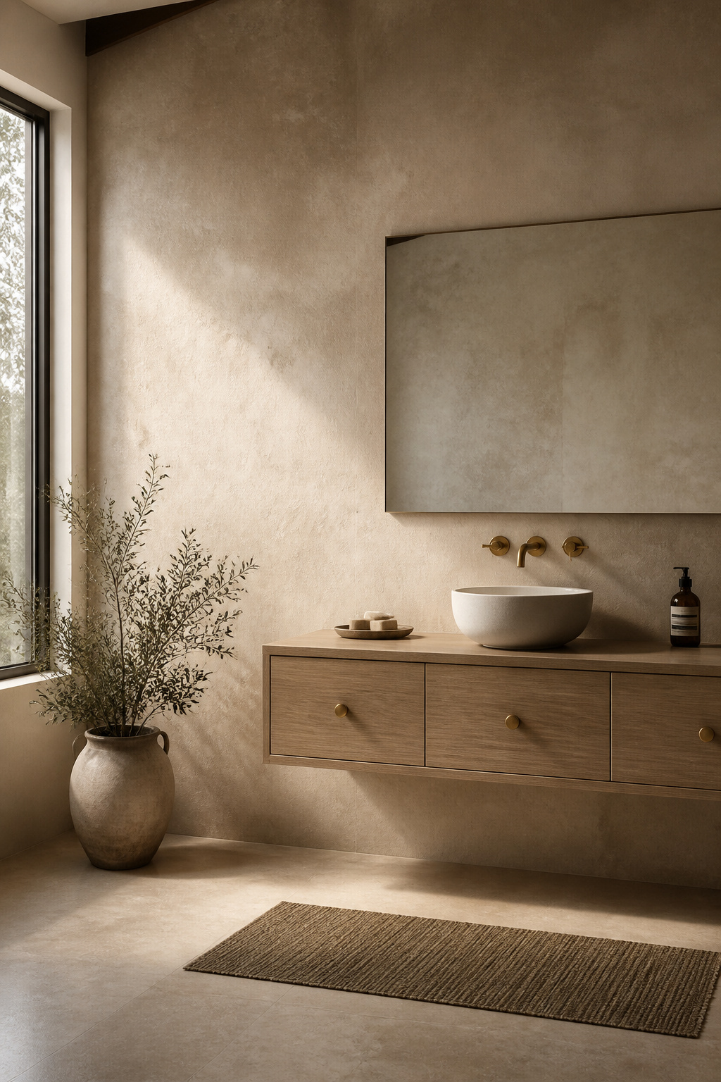 Limewash plaster walls in a warm off-white, with the characteristic tonal variation created by lime carbonating at different rates across the wall surface — a material that looks more interesting under evening raking light than it does at noon.