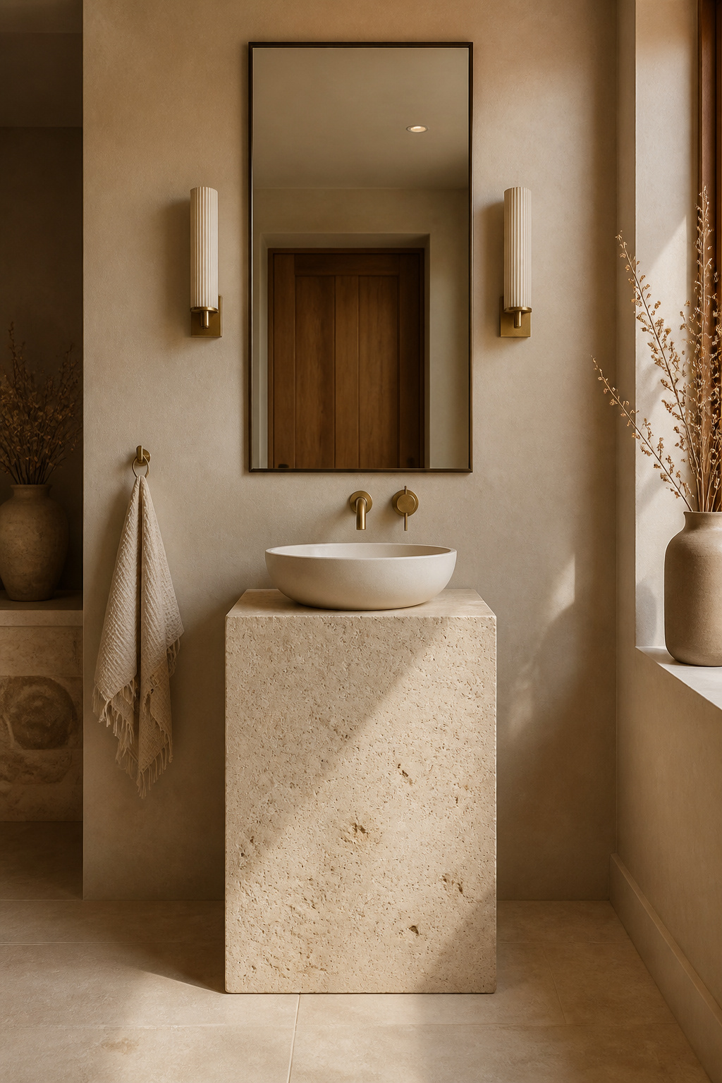 A filled and honed travertine plinth at 31 inches with a round ceramic vessel sink on top — the counter height adjustment is what makes it work, bringing the working height back to the right level without making the basin impossibly high.
