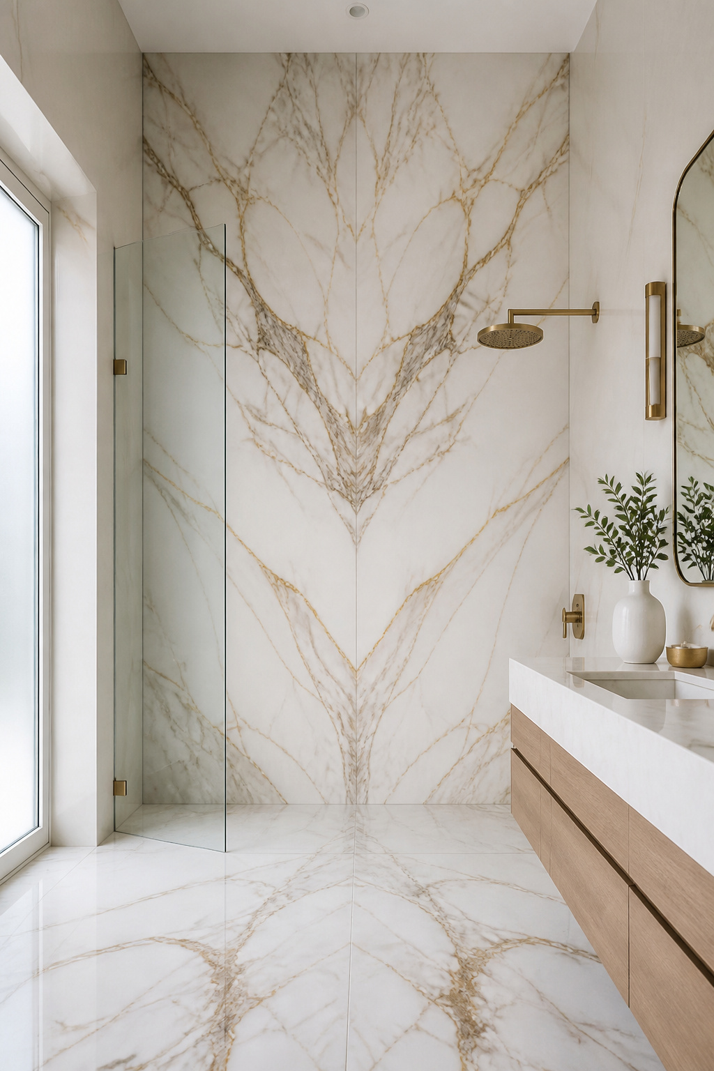 Book-matched Calacatta marble slabs from floor to ceiling eliminate the grout grid entirely, allowing the gold veining to flow as one continuous geological narrative — a single surface that makes even a modest bathroom feel architecturally resolved.