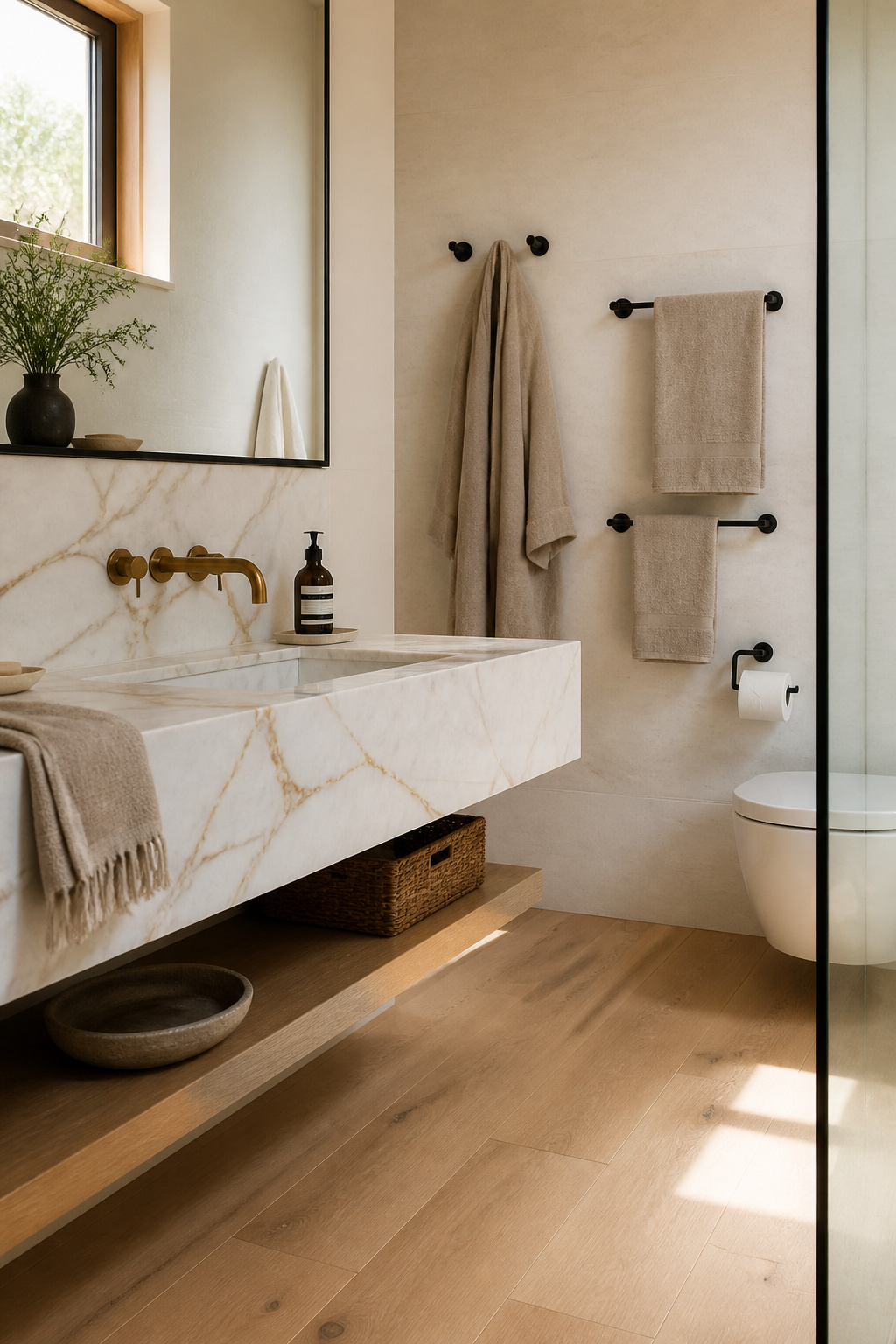 Unlacquered brass develops a warm amber patina over 12-24 months in a bathroom environment — by the time the lacquered version starts scratching through unevenly, the unlacquered one is just getting interesting.