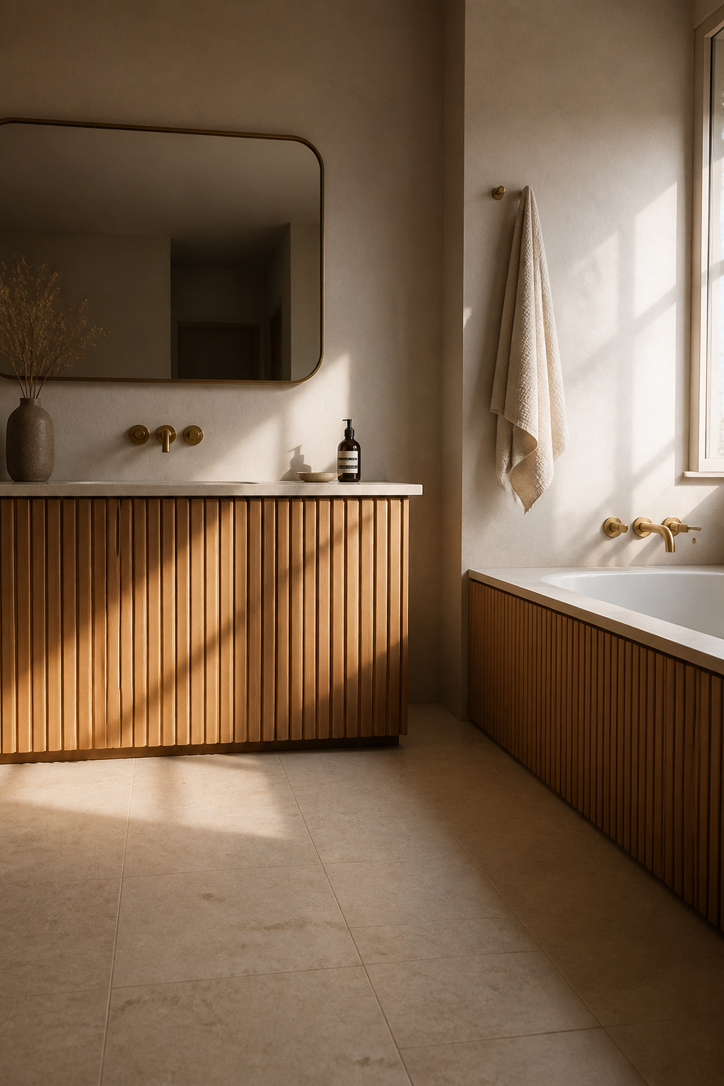 Reeded white oak panels on the vanity front and bathtub surround — the parallel shadow lines cast by each individual reed shift throughout the day, making the timber surface as dynamic as the geological surfaces it sits alongside.