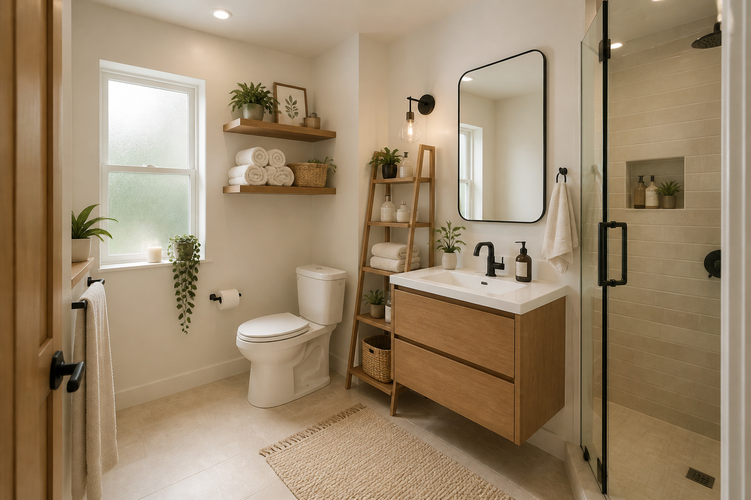 A layered approach to small bathroom storage — combining vertical shelving, drawers, baskets, and built-ins — transforms even the most space-limited bathroom into a room that actually works.