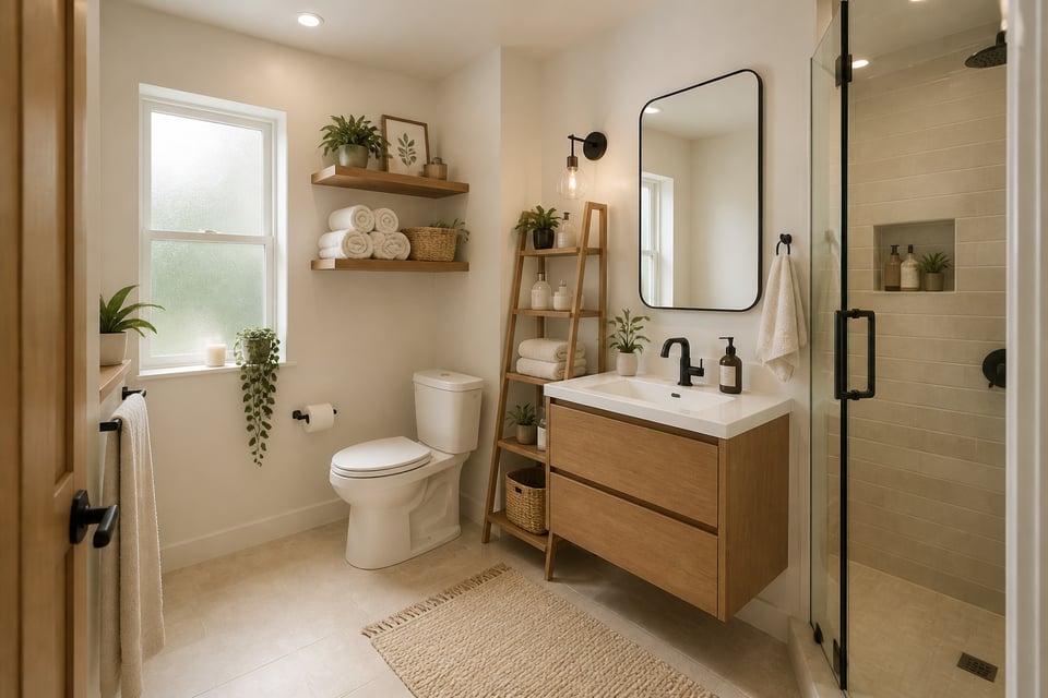 A layered approach to small bathroom storage — combining vertical shelving, drawers, baskets, and built-ins — transforms even the most space-limited bathroom into a room that actually works.