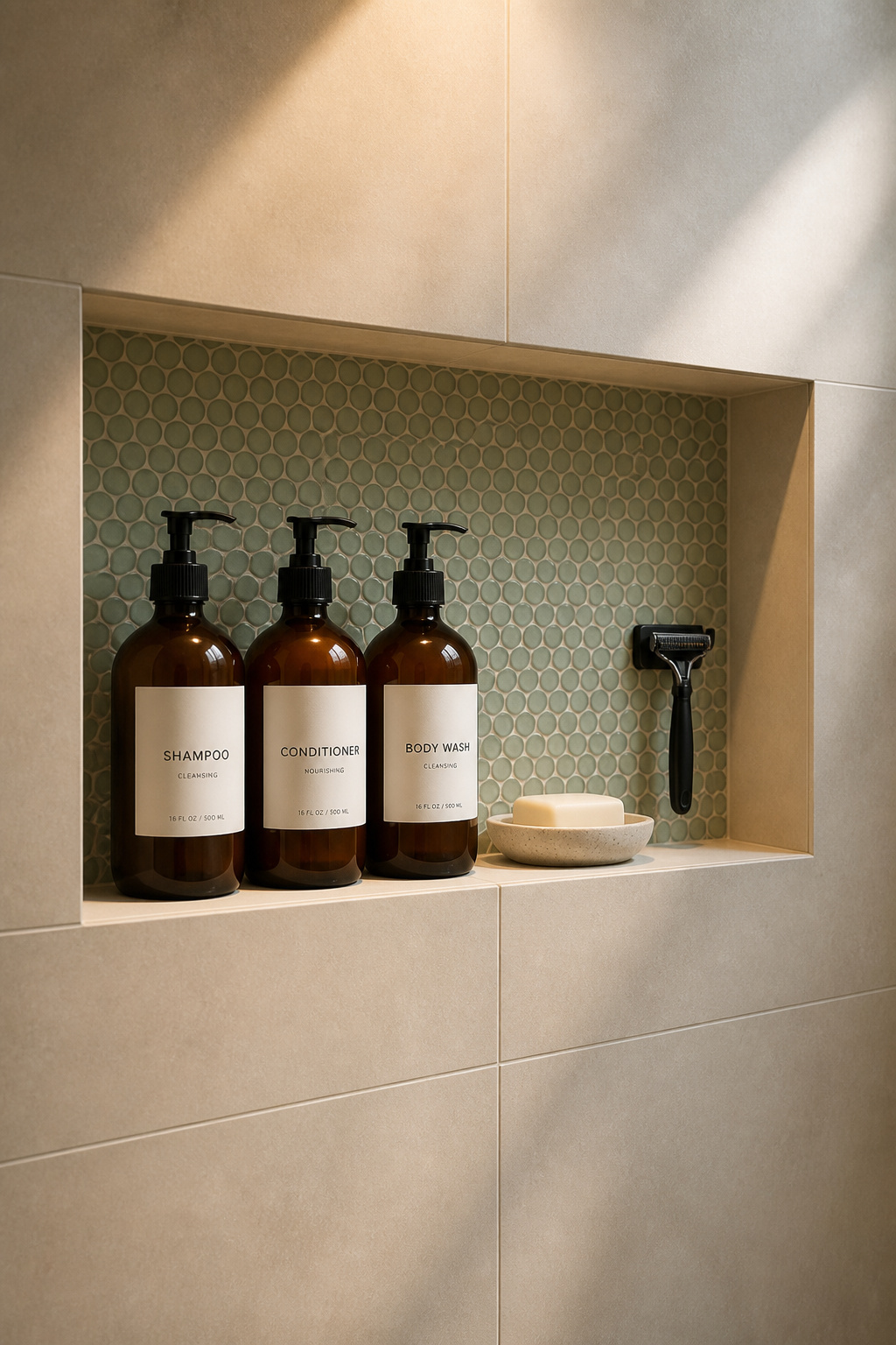 A built-in shower niche integrates small bathroom storage directly into the architecture — no hardware to rust, no caddy to fall, just clean product organization that's part of the wall.