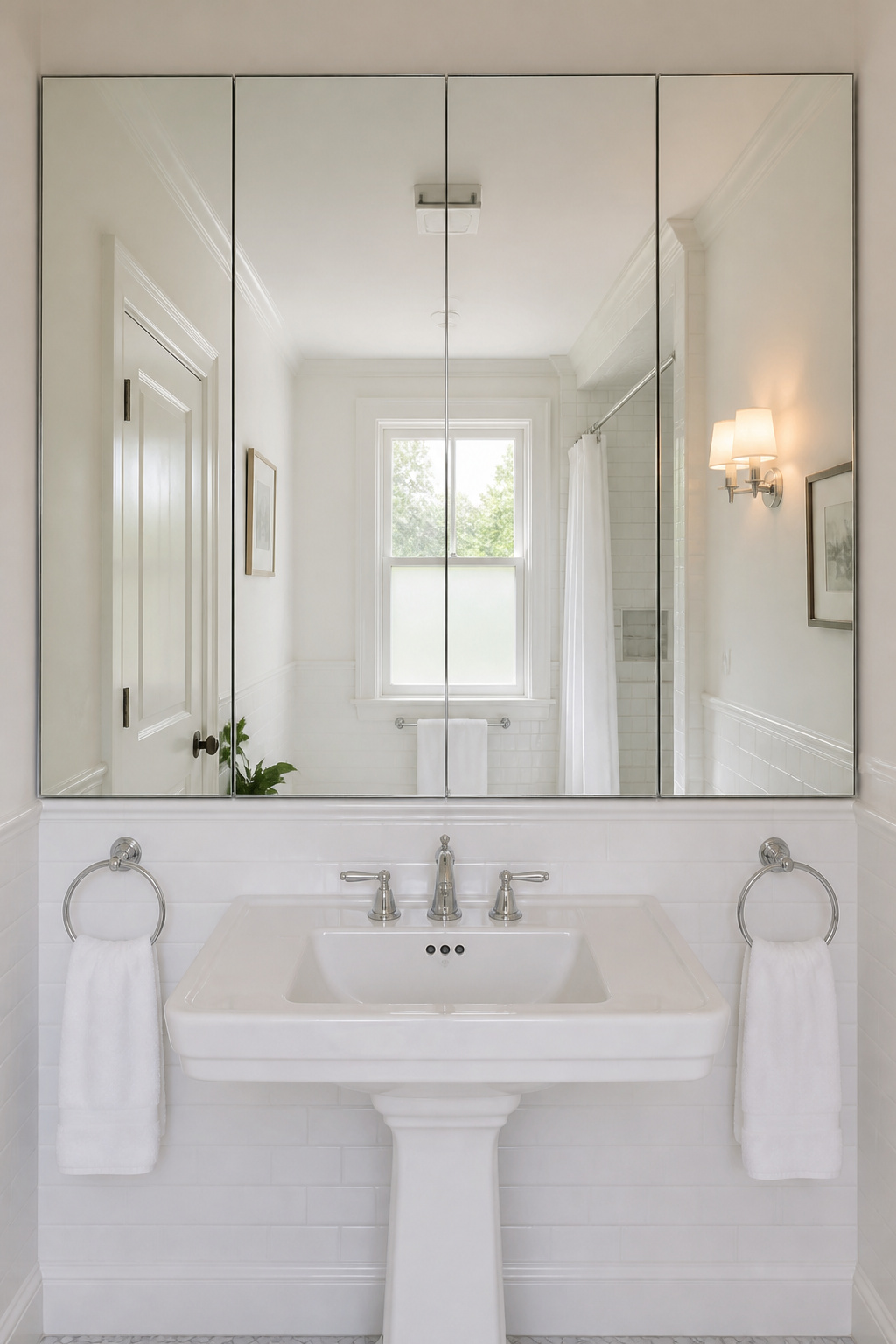 A full-width mirrored cabinet does more than store — it reflects light and depth back into the room, making a small bathroom feel measurably larger while keeping surfaces completely clear.