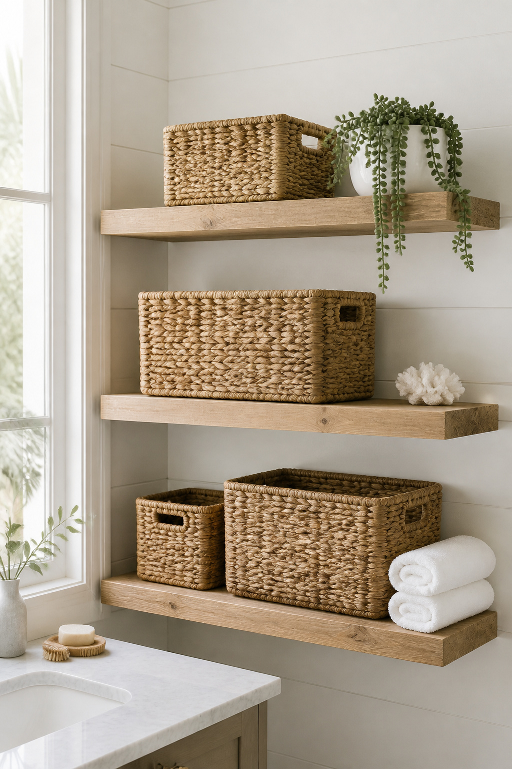 Baskets convert open shelves from a display of chaos into a system of contained categories — one of the most visually effective small bathroom storage strategies available without mounting anything new.