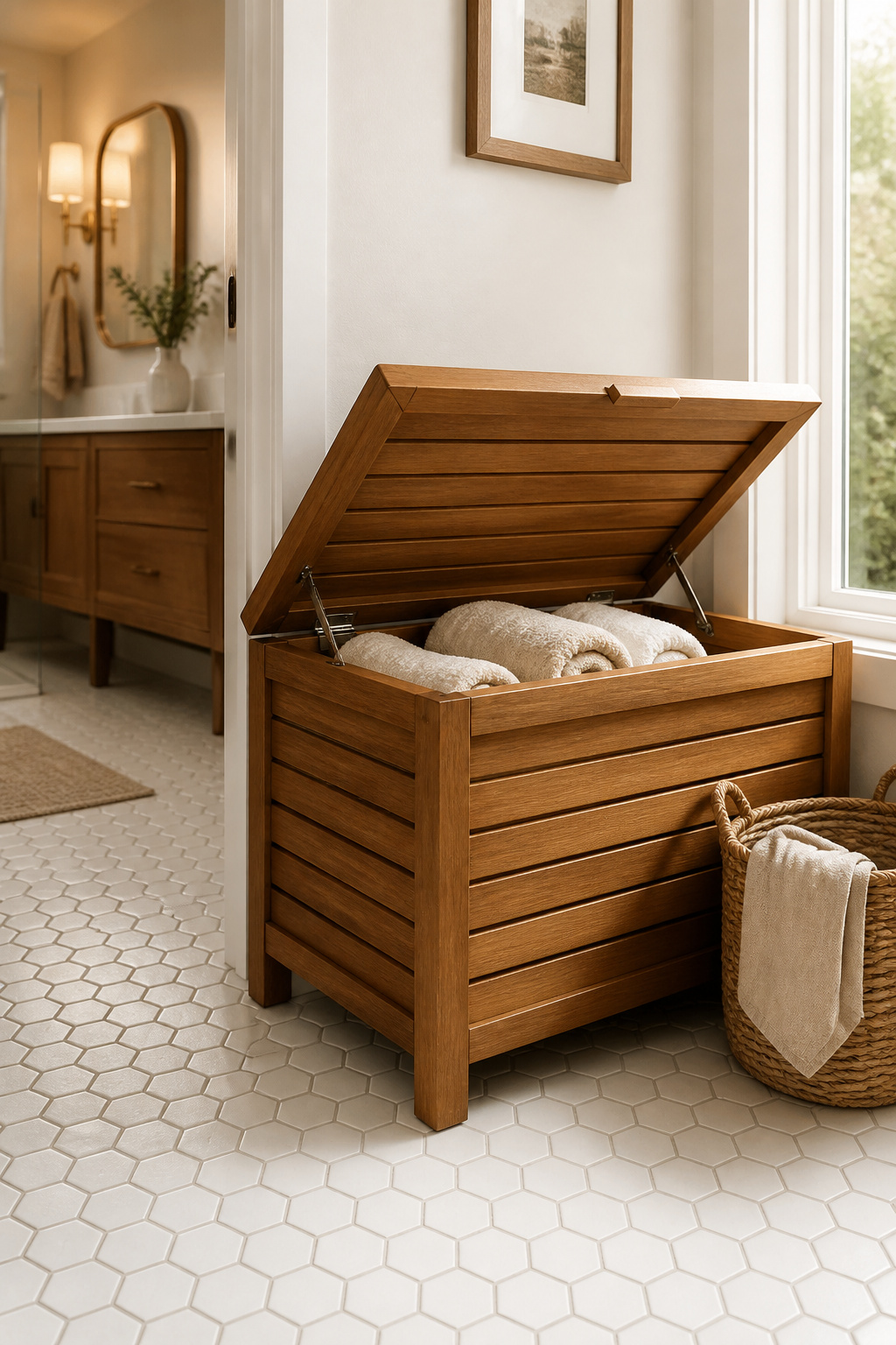 A storage bench earns its floor space twice — once as seating, once as concealed small bathroom storage for towels, linens, and the items that don't have a permanent home elsewhere.