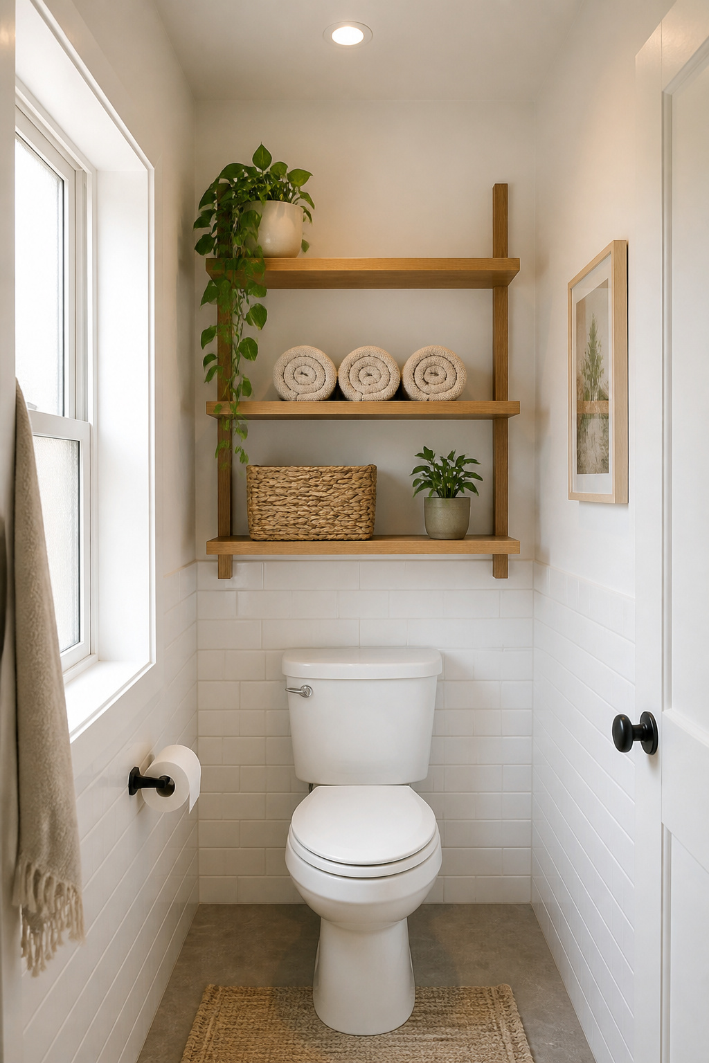 Claiming the wall above the toilet is the most reliable small bathroom storage move — etagere units and floating shelves transform a blank column into a functional storage wall without touching the floor.