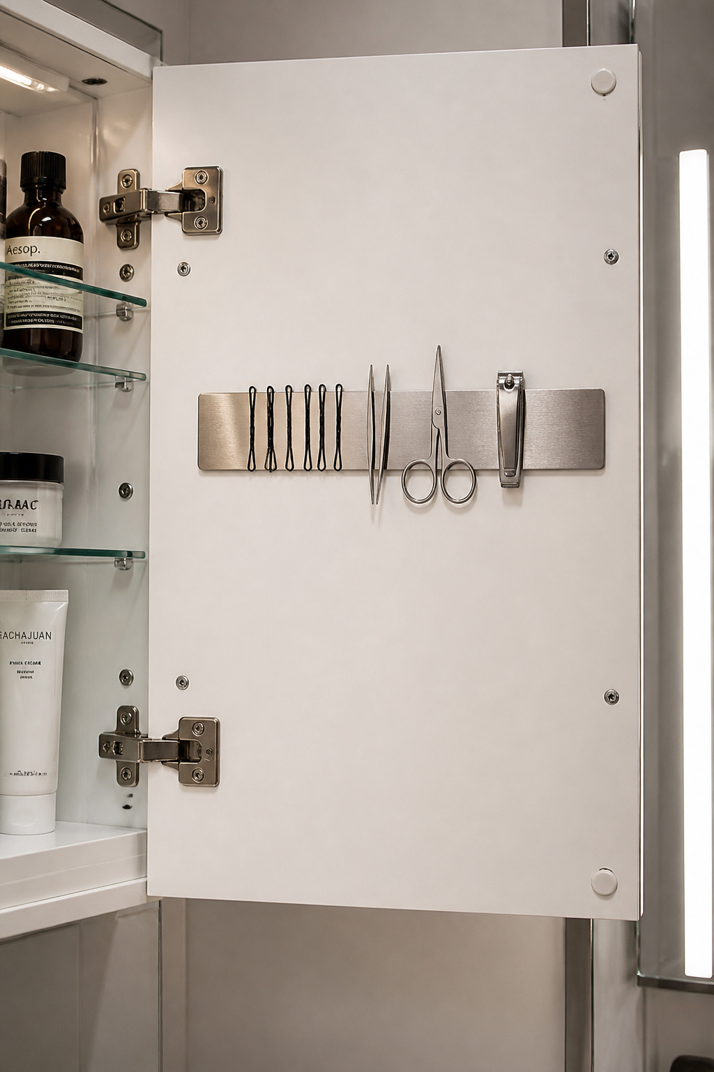 A magnetic strip mounted inside a medicine cabinet door turns the most lost-prone items — bobby pins, nail clippers, tweezers — into a perfectly visible organized row.