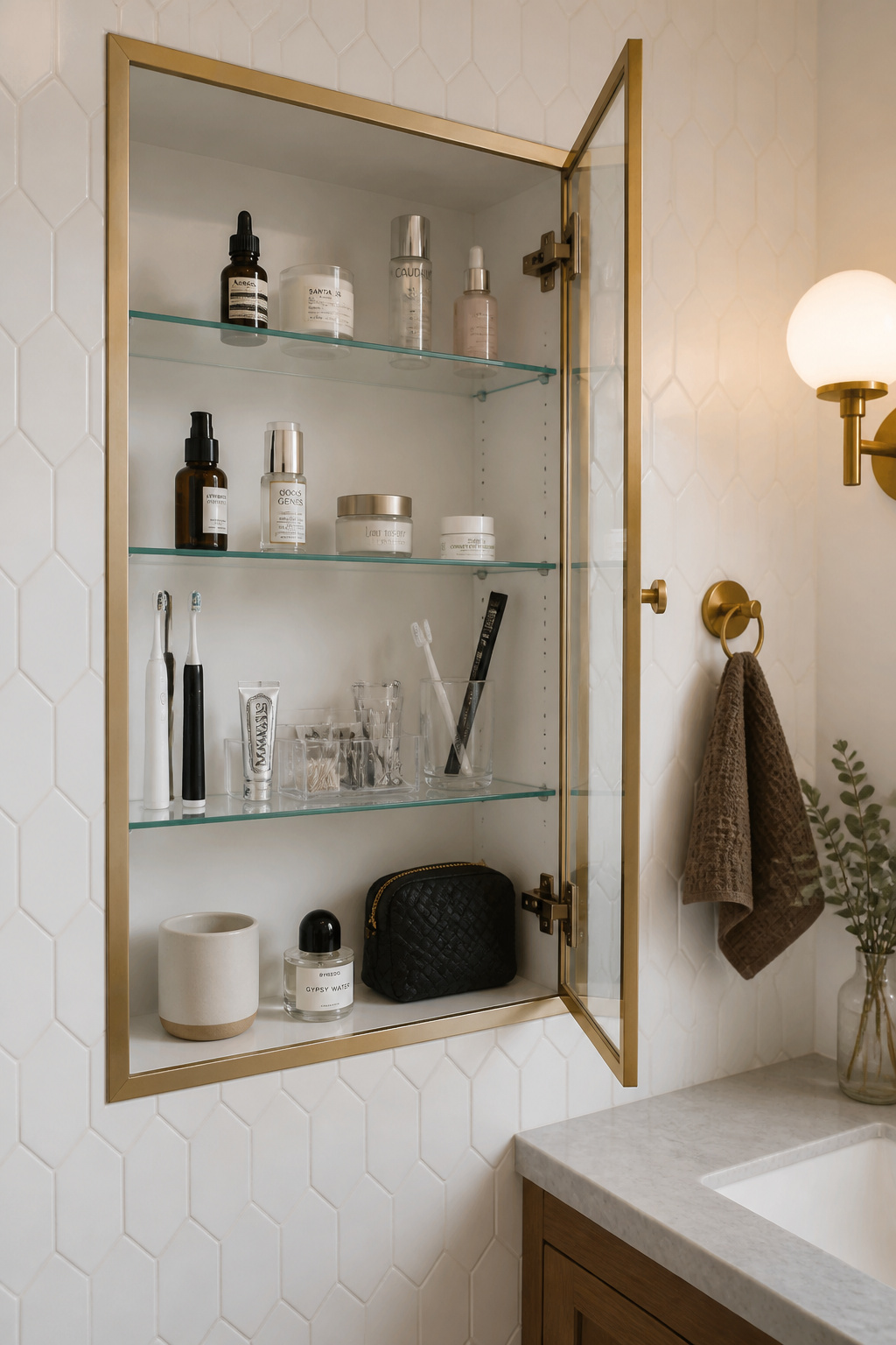 Recessing a medicine cabinet into the wall cavity eliminates projection and recovers the bathroom's full sense of depth — the cabinet disappears visually even when fully stocked.
