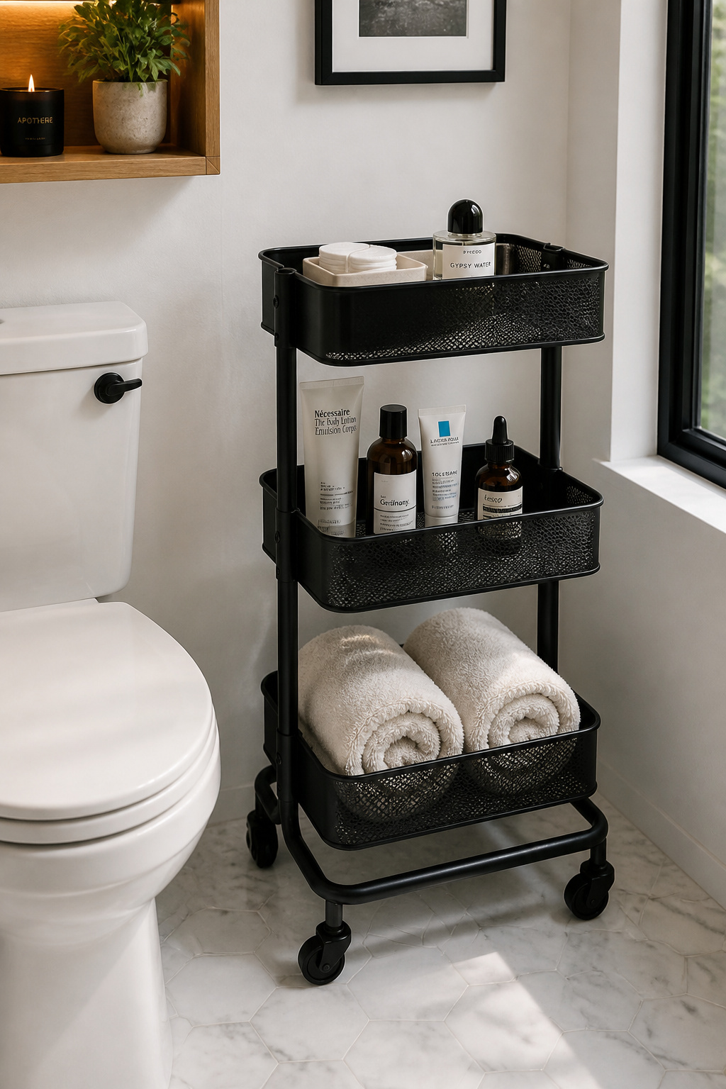 A rolling utility cart is the rare small bathroom storage solution that earns its floor space twice — it organizes and it moves, which matters more than it sounds in a tight bathroom.