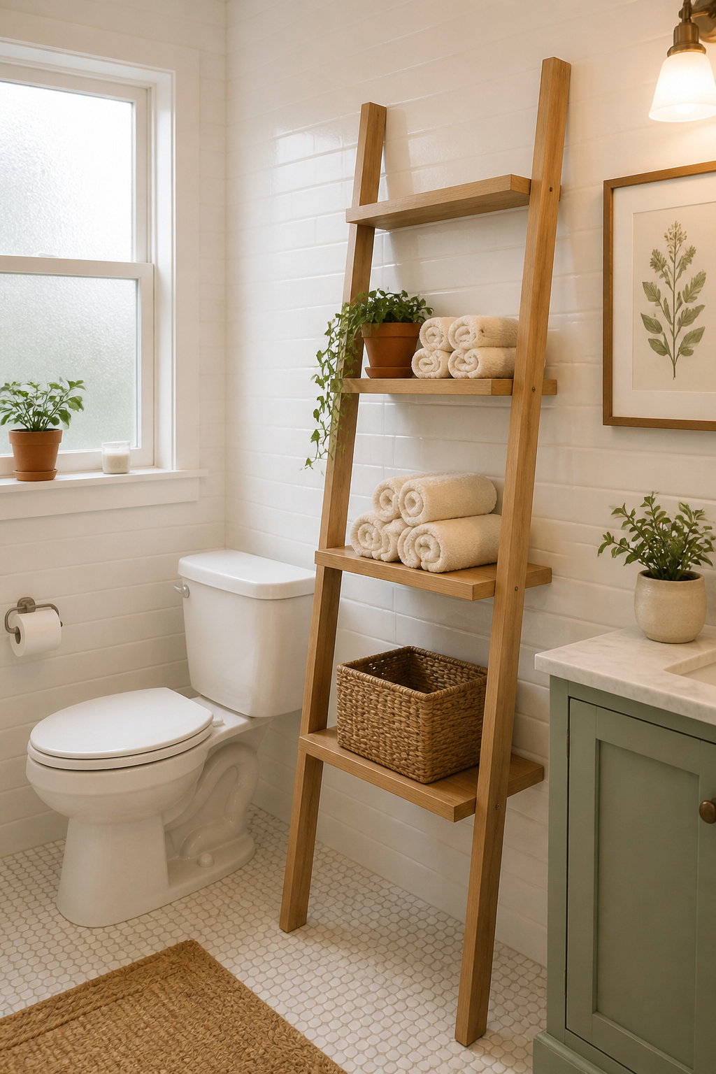A ladder shelf converts vertical wall space into accessible storage without the permanence of mounting — an ideal small bathroom storage upgrade for renters and owners alike.