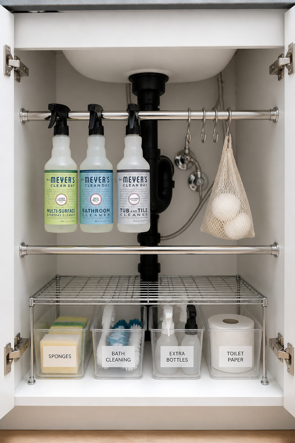 A single tension rod near the top of the under-sink cabinet turns spray bottles into hanging storage — freeing the entire cabinet floor for larger bins and risers.