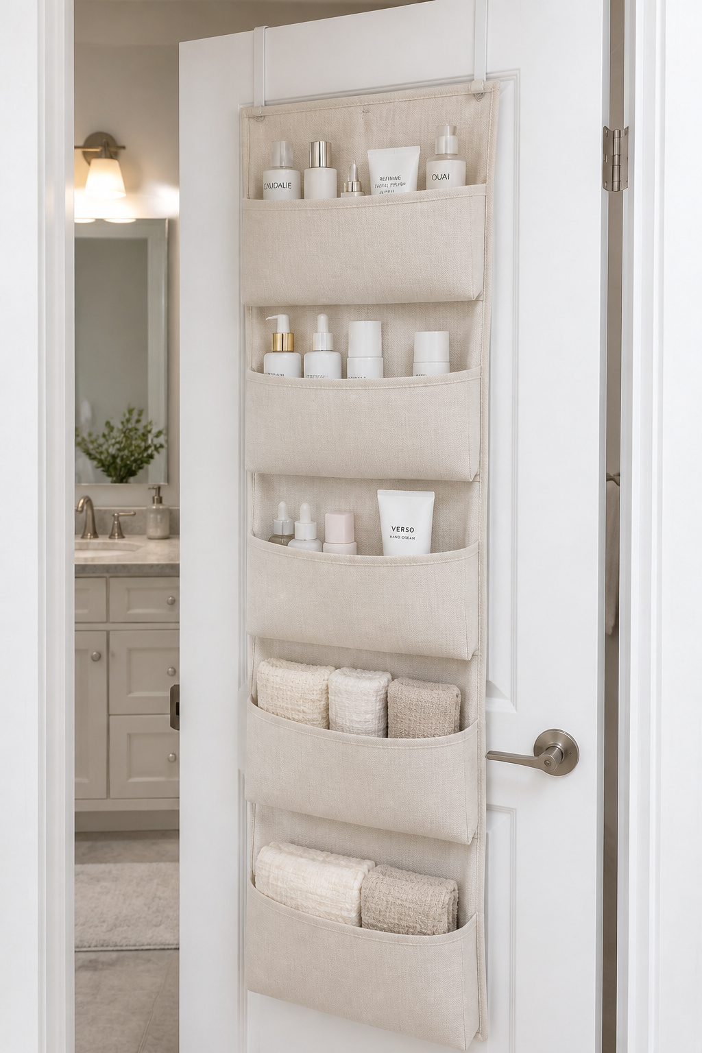 The back of a bathroom door is consistently the most ignored storage surface in the room — an over-door organizer claims it without a single hole in the wall.