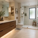 A thoughtfully organized small bathroom combining a floating walnut vanity, frameless glass shower zone, and warm white palette — showing how careful small bathroom design can make even modest square footage feel genuinely generous.