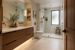 A thoughtfully organized small bathroom combining a floating walnut vanity, frameless glass shower zone, and warm white palette — showing how careful small bathroom design can make even modest square footage feel genuinely generous.