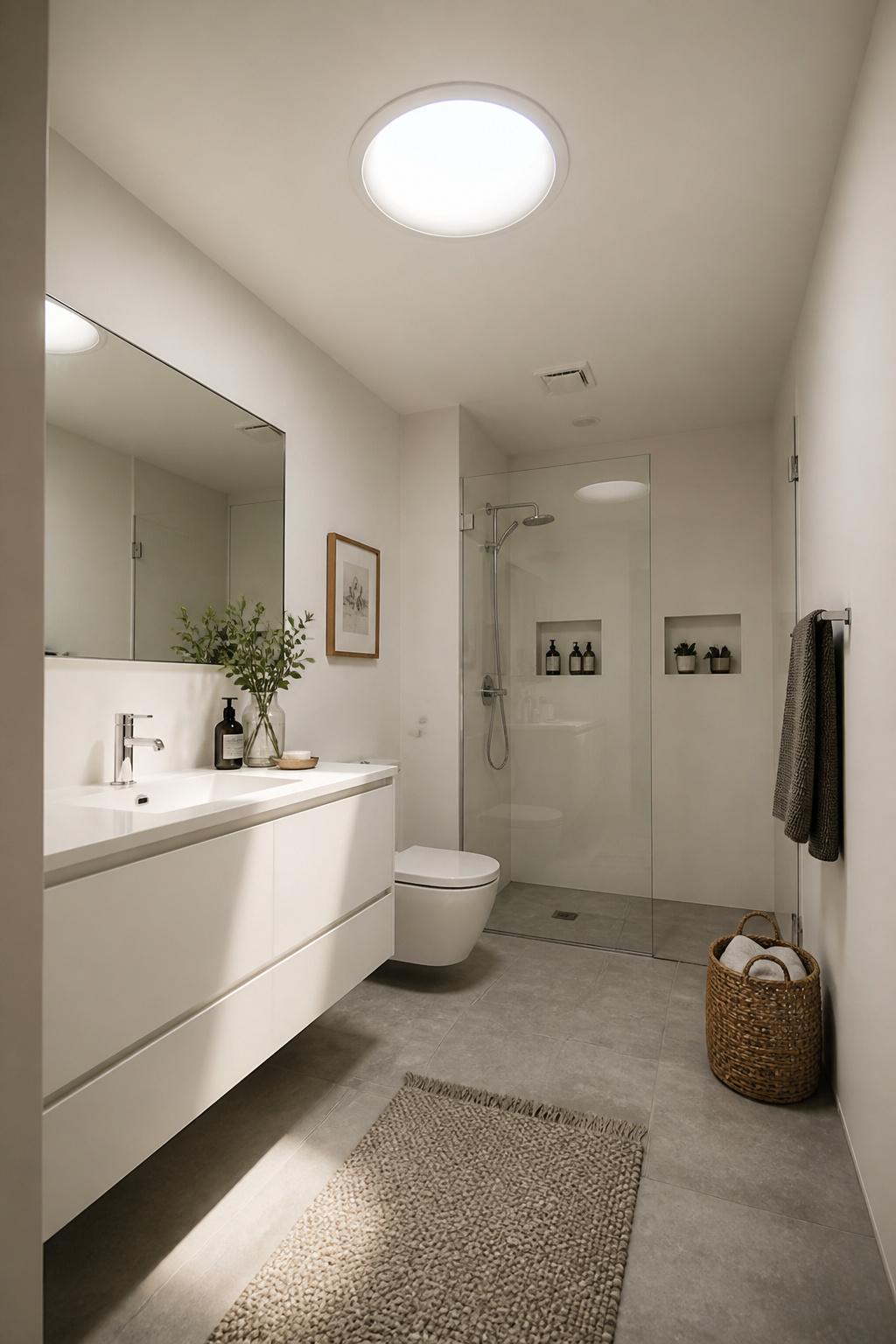 A 14-inch Velux Sun Tunnel solar tube diffuser brings genuine daylight into a windowless small bathroom — the quality of light is dimensionally different from any electric fixture, making the room feel open rather than enclosed.