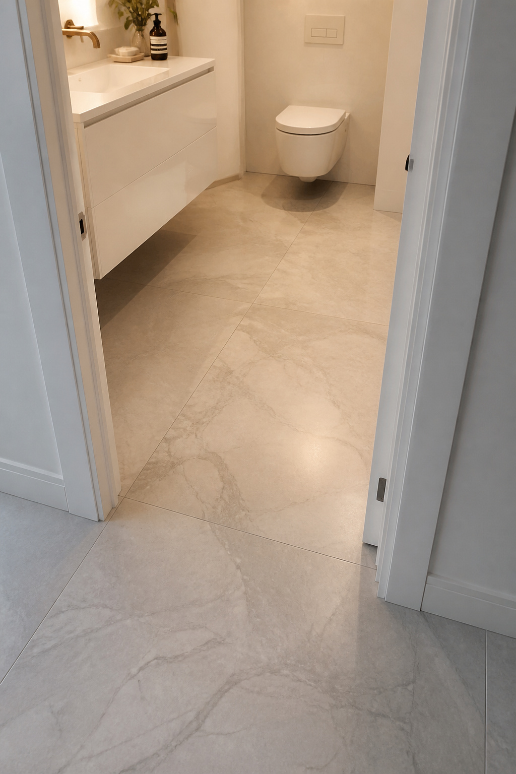 Twenty-four by twenty-four inch honed Calacatta Grey porcelain floor tiles with matching grout create a near-continuous surface in a small bathroom — fewer than six grout lines visible across the full floor width.