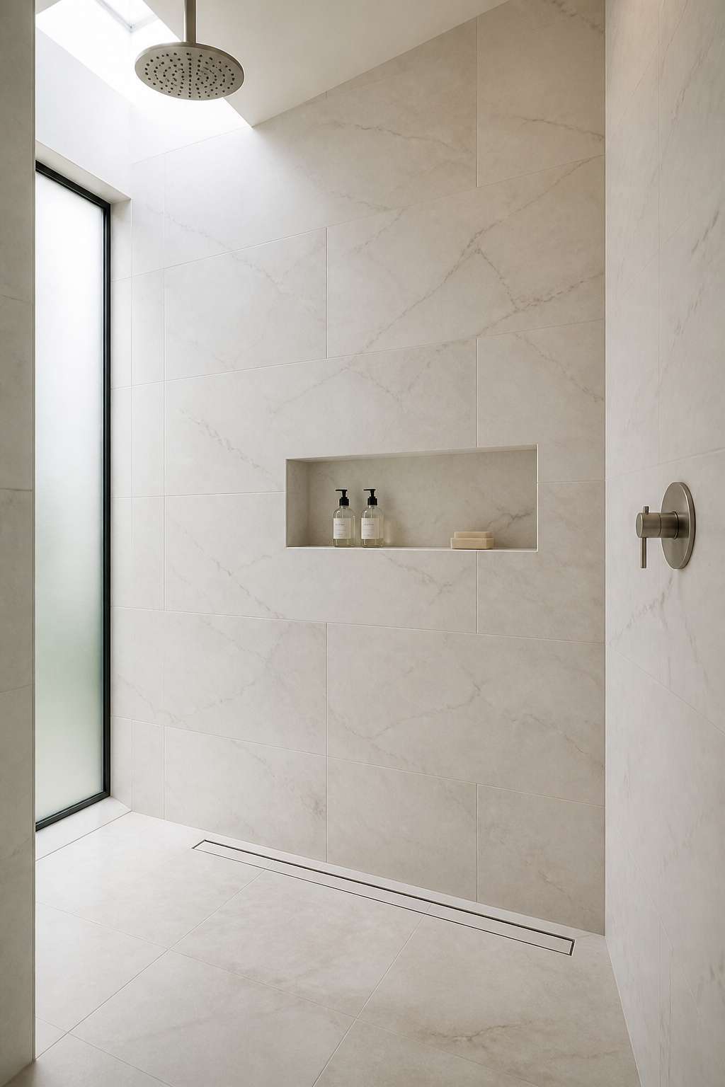 A recessed wall niche tiled in the same large-format porcelain as the surrounding shower wall disappears into the design — storing essentials without the visual clutter of a hanging caddy.