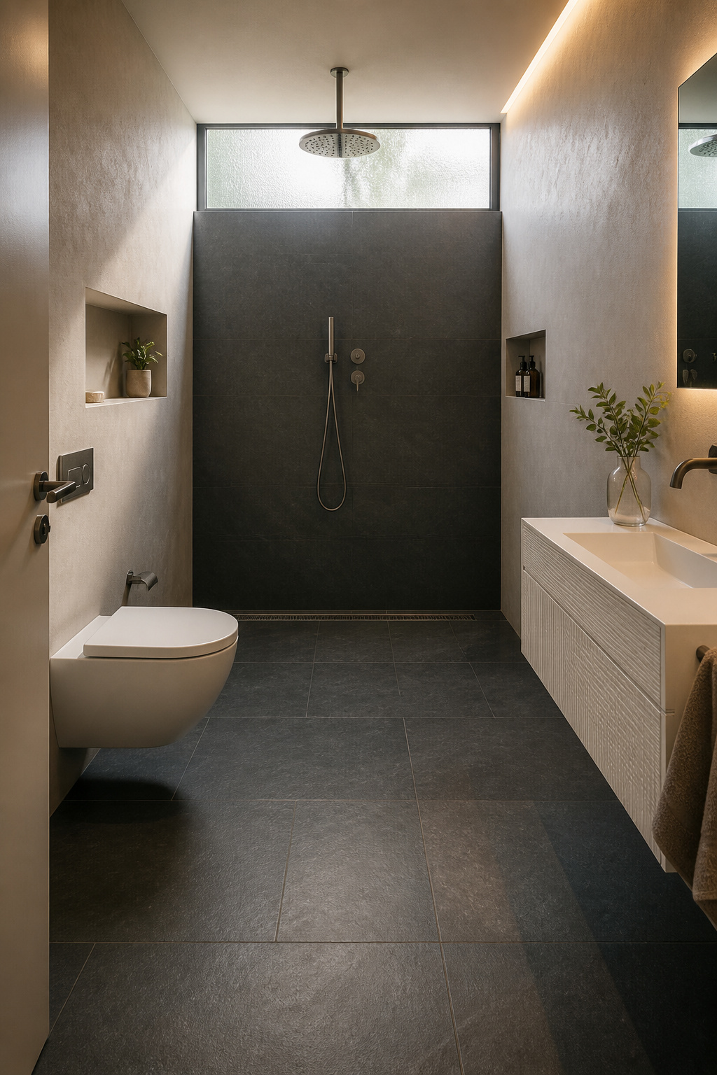 A wet room conversion replaces the shower enclosure and curb with a continuous tiled floor, linear drain, and ceiling rainfall head — the single most spatially transformative change possible in a small bathroom.