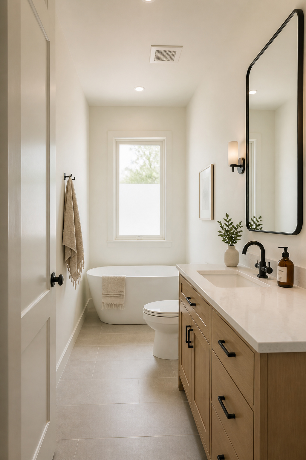 Benjamin Moore White Dove OC-17 (LRV 85) on walls and ceiling creates a light-bouncing, wall-receding effect in a small bathroom — a single matte black mirror frame provides the contrast that keeps the room from reading as simply beige.