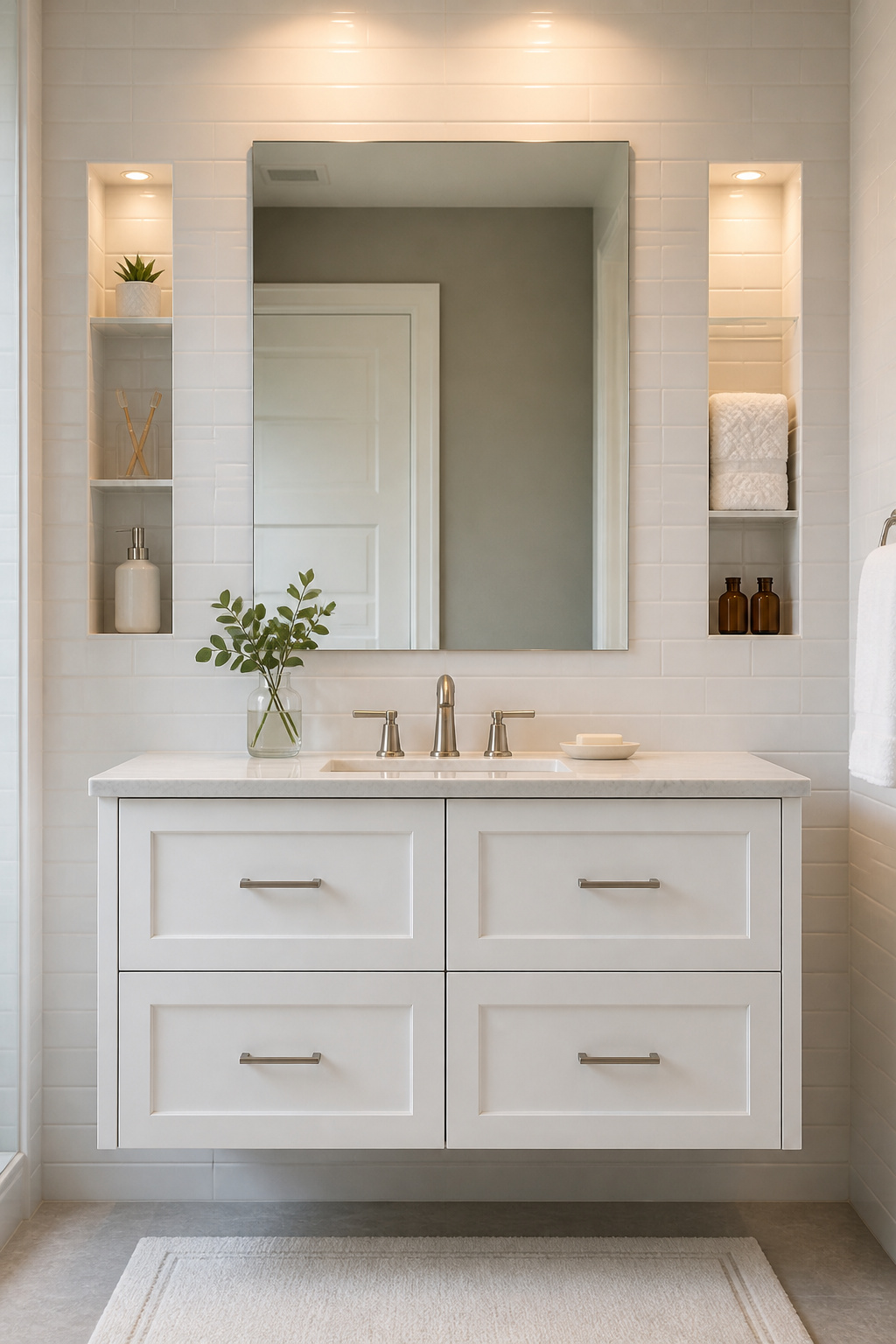 A pair of tile-matched wall niches flanking the vanity mirror create architectural storage that's flush with the wall — storing daily essentials without a single inch of projection into the small bathroom space.