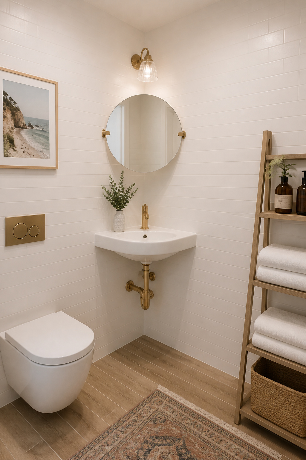 A wall-mounted corner sink placed at 45 degrees opens both adjacent walls in a compact square bathroom — the single fixture change that transforms a cramped layout into a workable one.